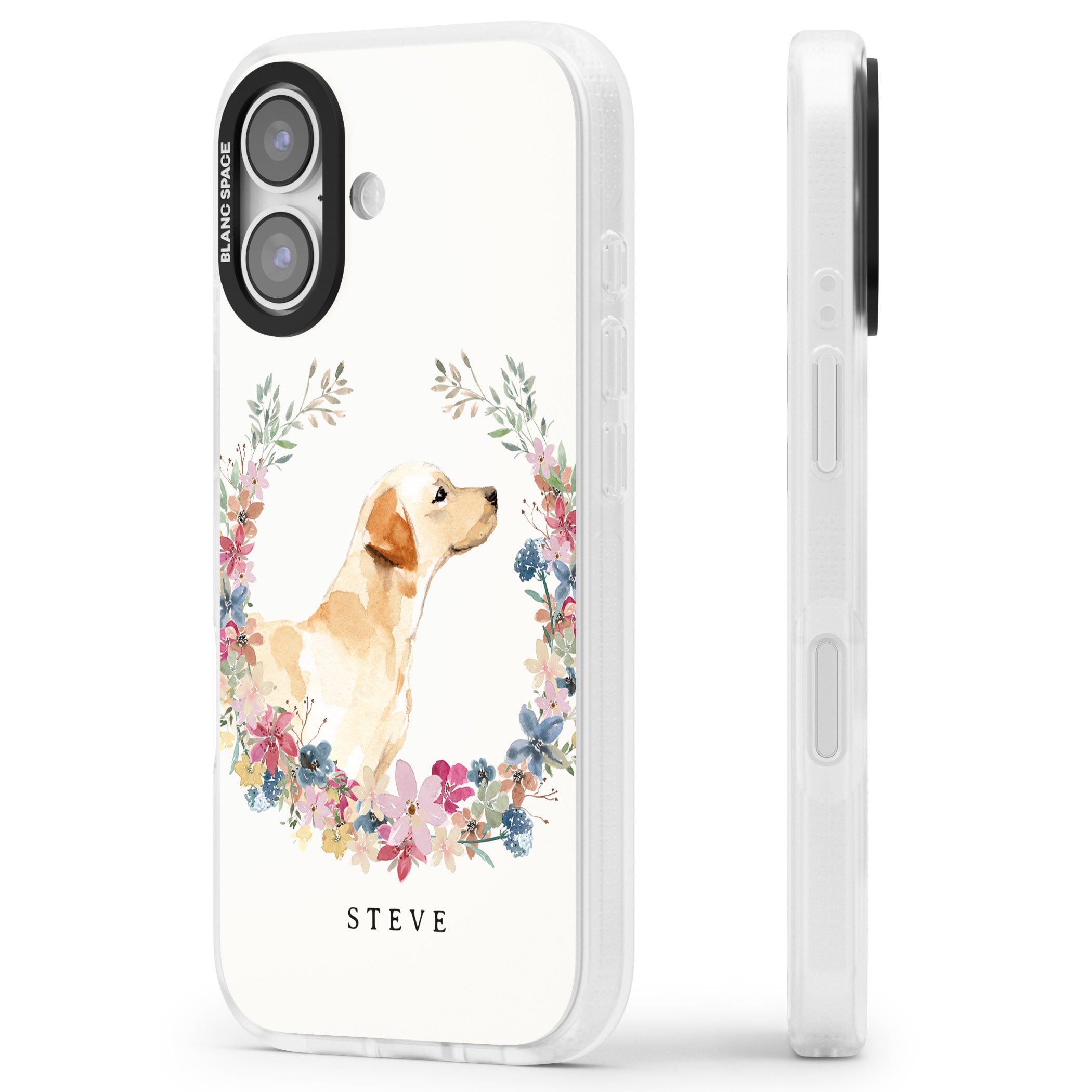 Personalised Yellow Labrador Floral Portrait iPhone 17 Impact Air Clear Phone Case Side Profile