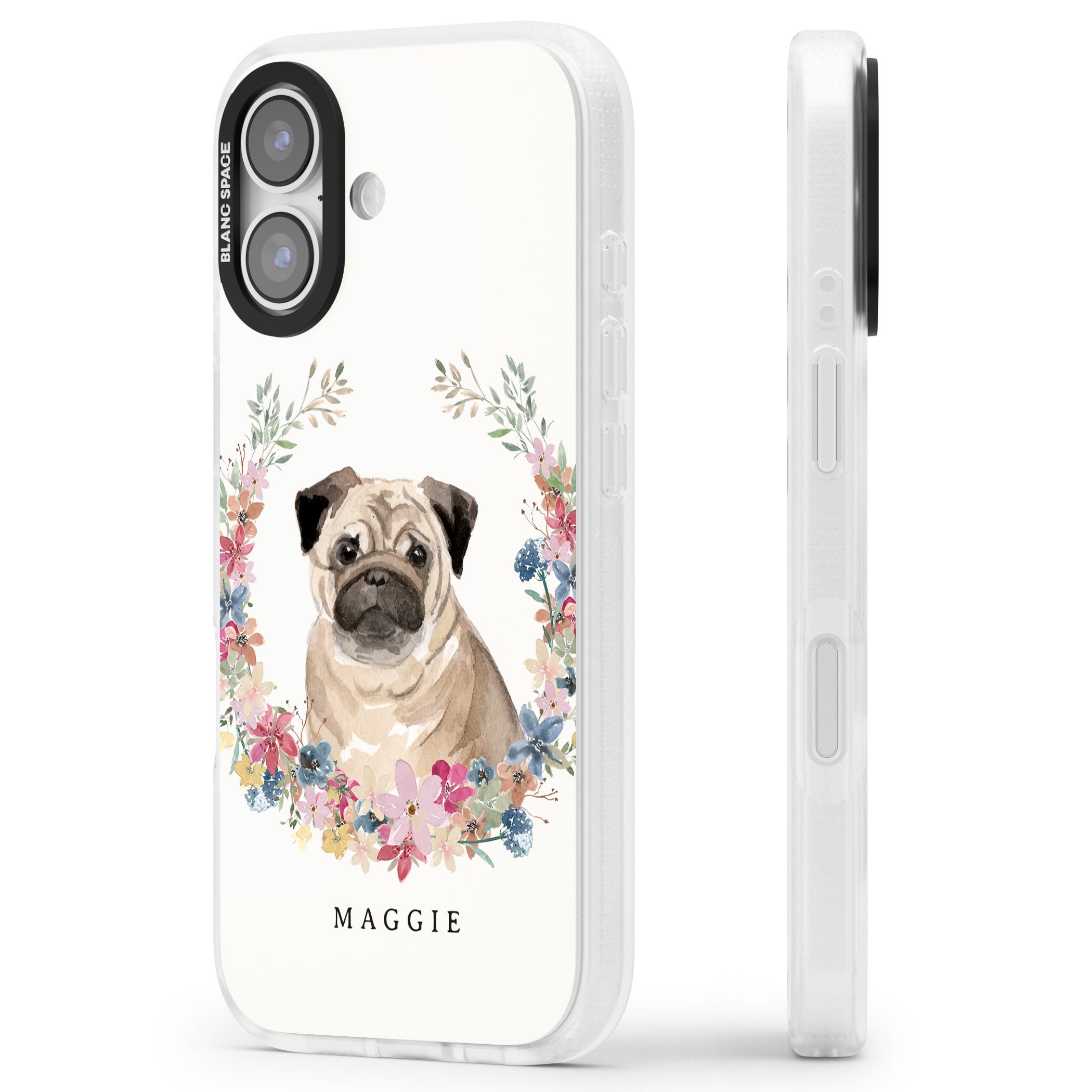 Personalised Pug Floral Portrait iPhone 17 Impact Air Clear Phone Case Side Profile