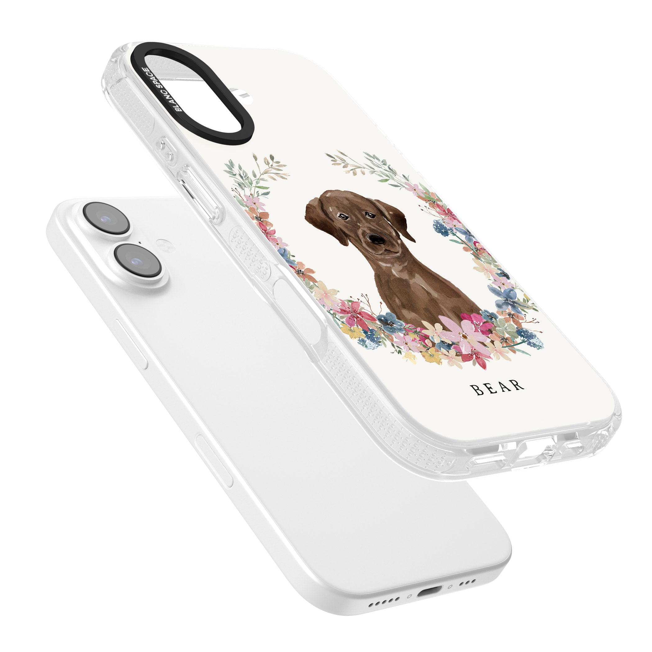 Personalised Chocolate Labrador Floral Portrait iPhone 17 Impact Air Clear Phone Case Colours