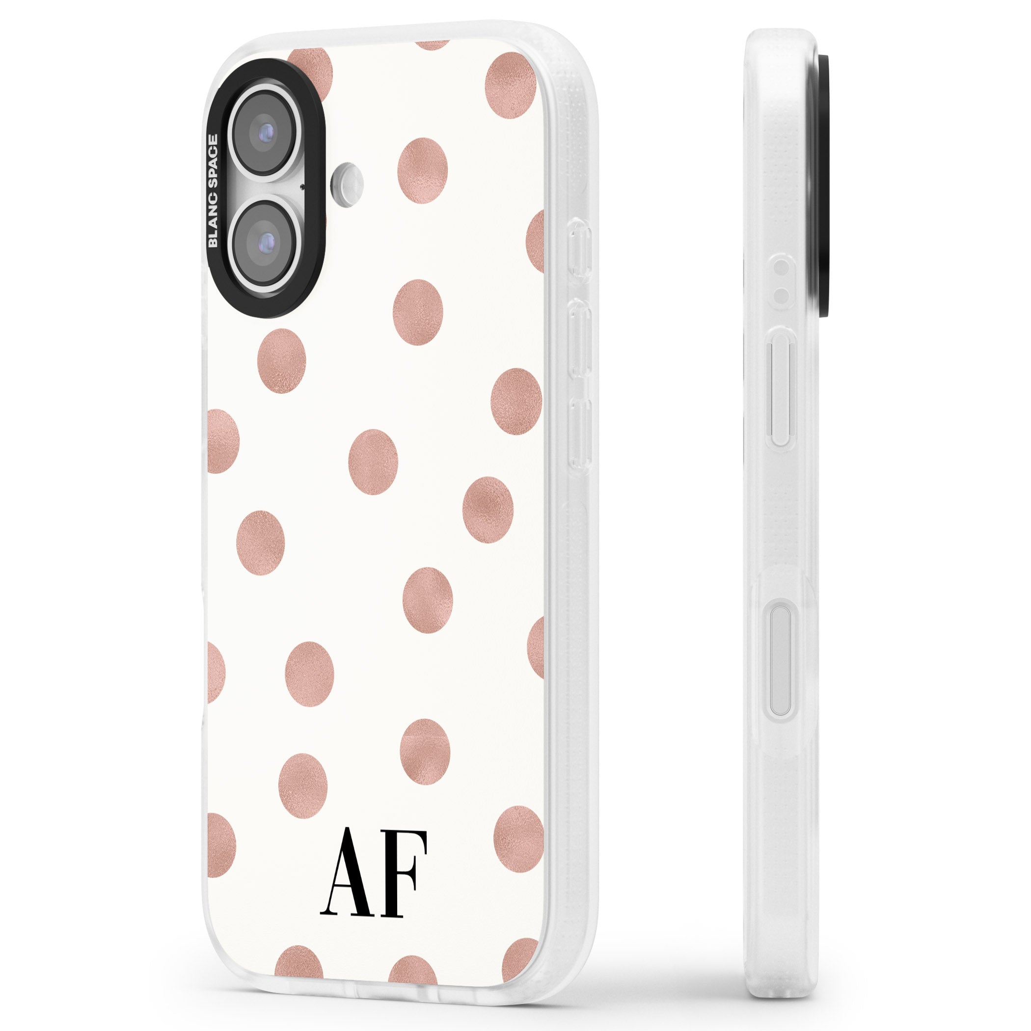 Personalised Rose Gold Dots & Initials iPhone 17 Impact Air Clear Phone Case Side Profile