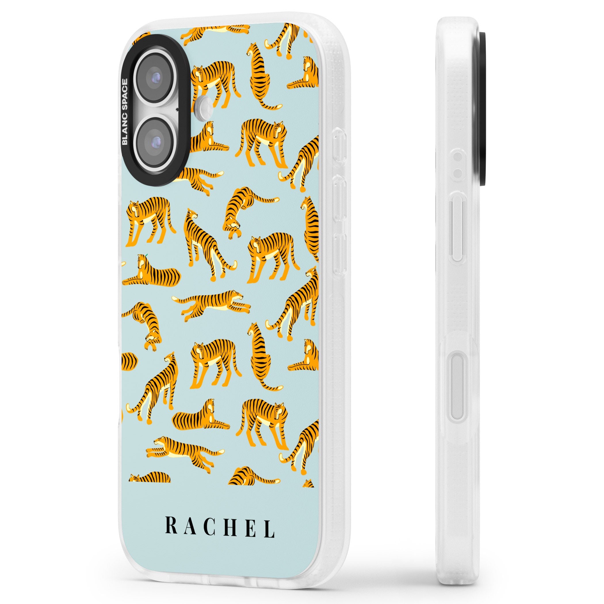 Personalised Turquoise Tiger Pattern iPhone 17 Impact Air Clear Phone Case Side Profile