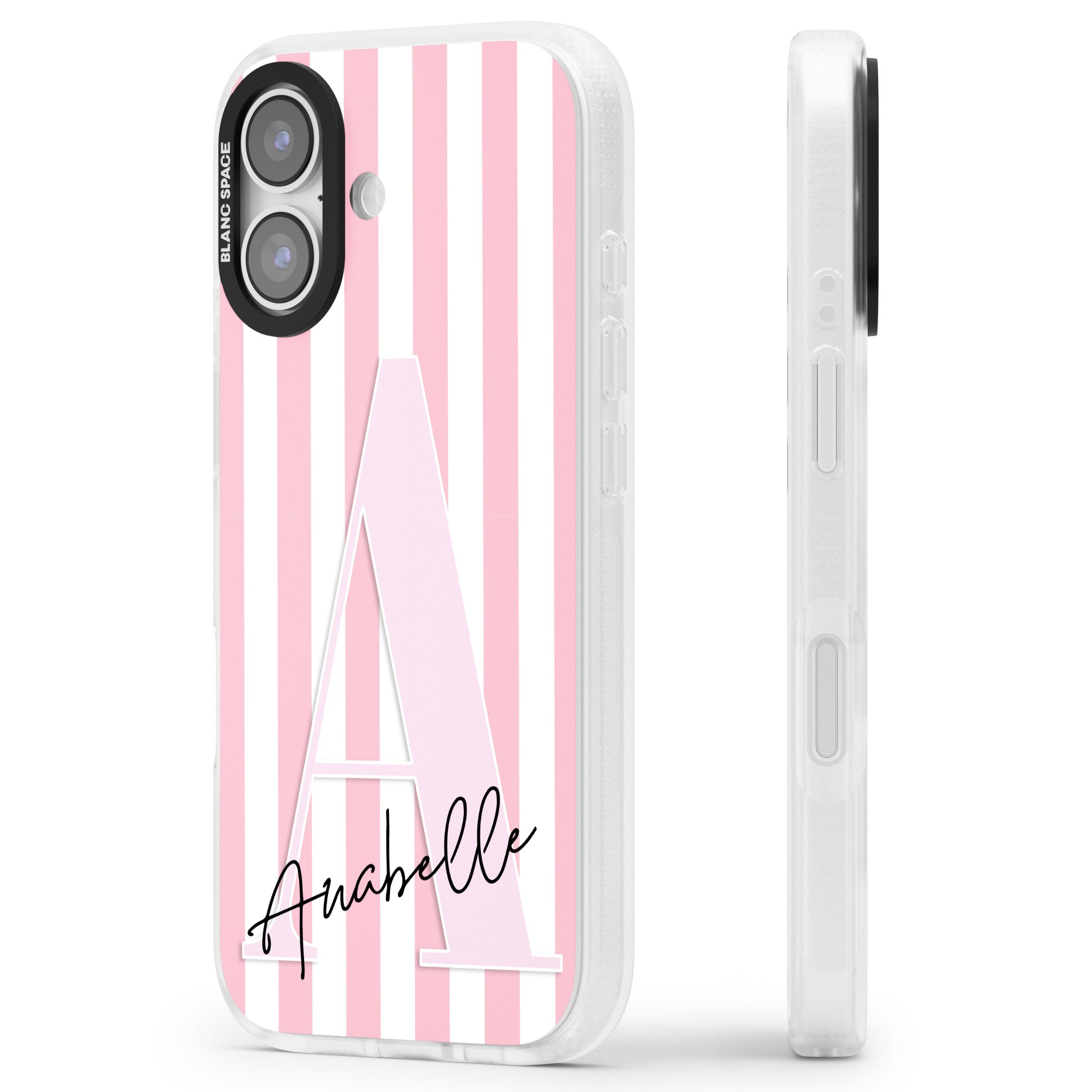 Personalised Pink Stripes & Monogram iPhone 17 Impact Air Clear Phone Case Side Profile