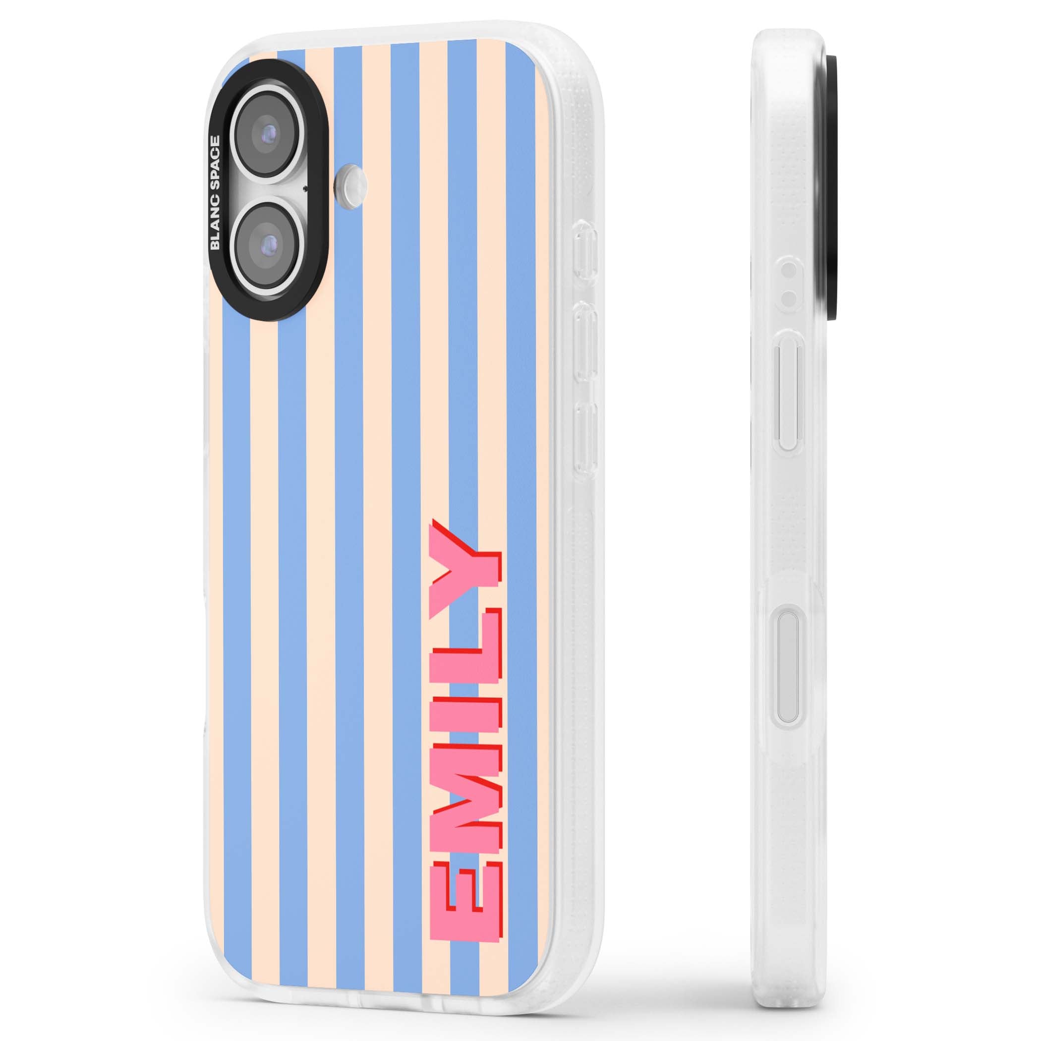 Coastal Stripe personalised coastal iPhone case with blue and peach vertical stripes and custom pink name | Clear Case Impact Air case for iPhone 17