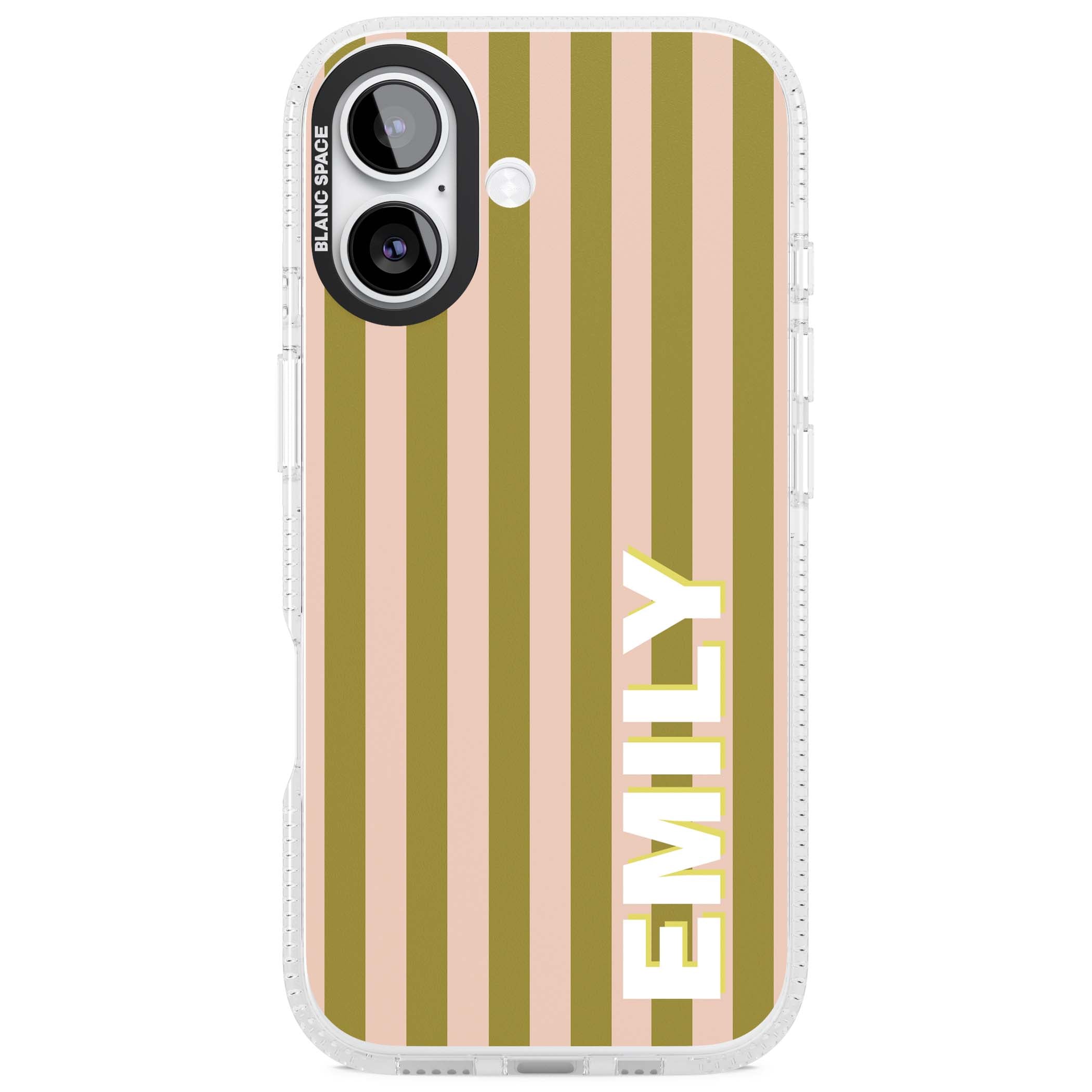 Indian Stripe personalised iPhone case featuring olive green and blush pink vertical stripes with custom name in whit | Clear Case Impact Air case for iPhone 17