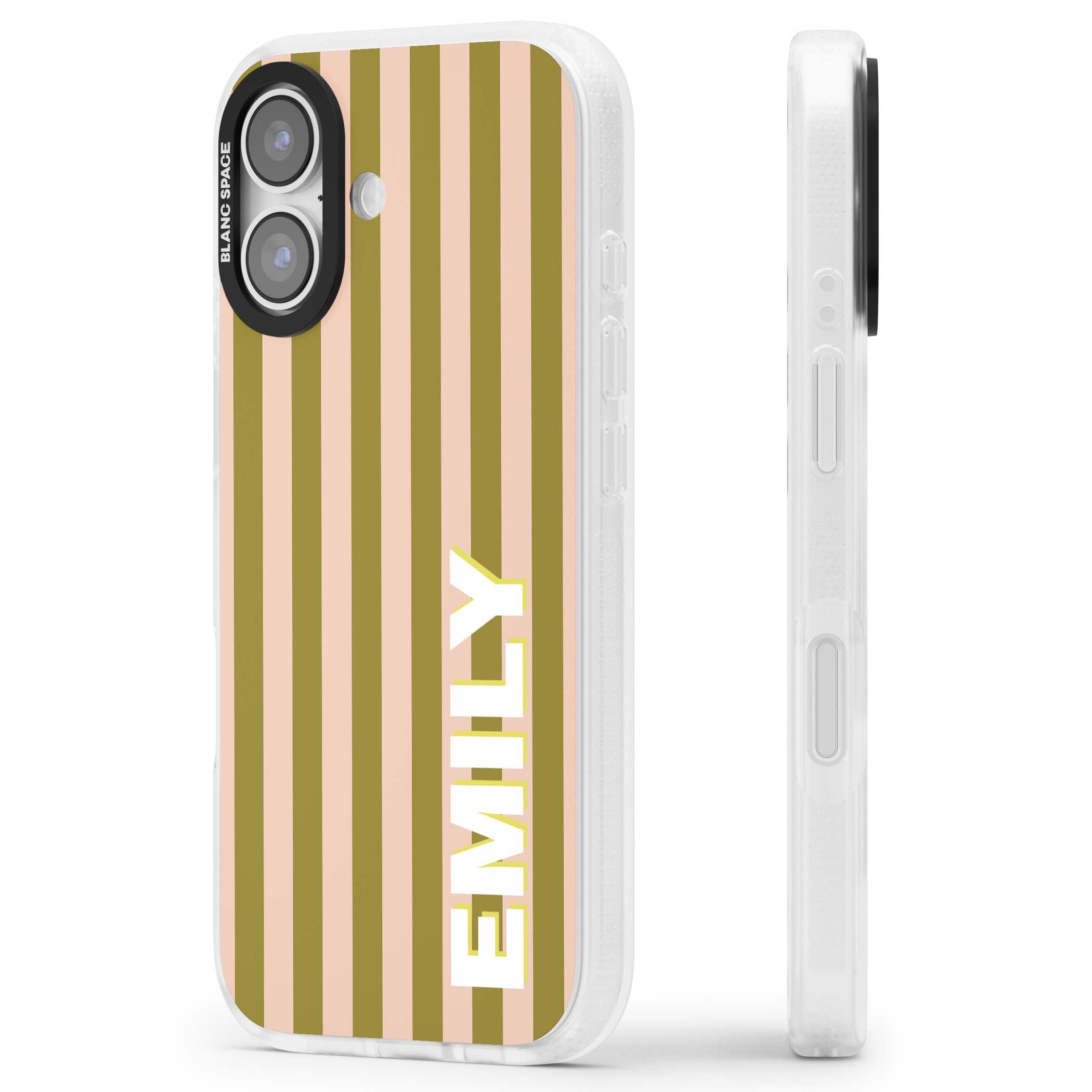 Indian Stripe personalised iPhone case featuring olive green and blush pink vertical stripes with custom name in whit | Clear Case Impact Air case for iPhone 17