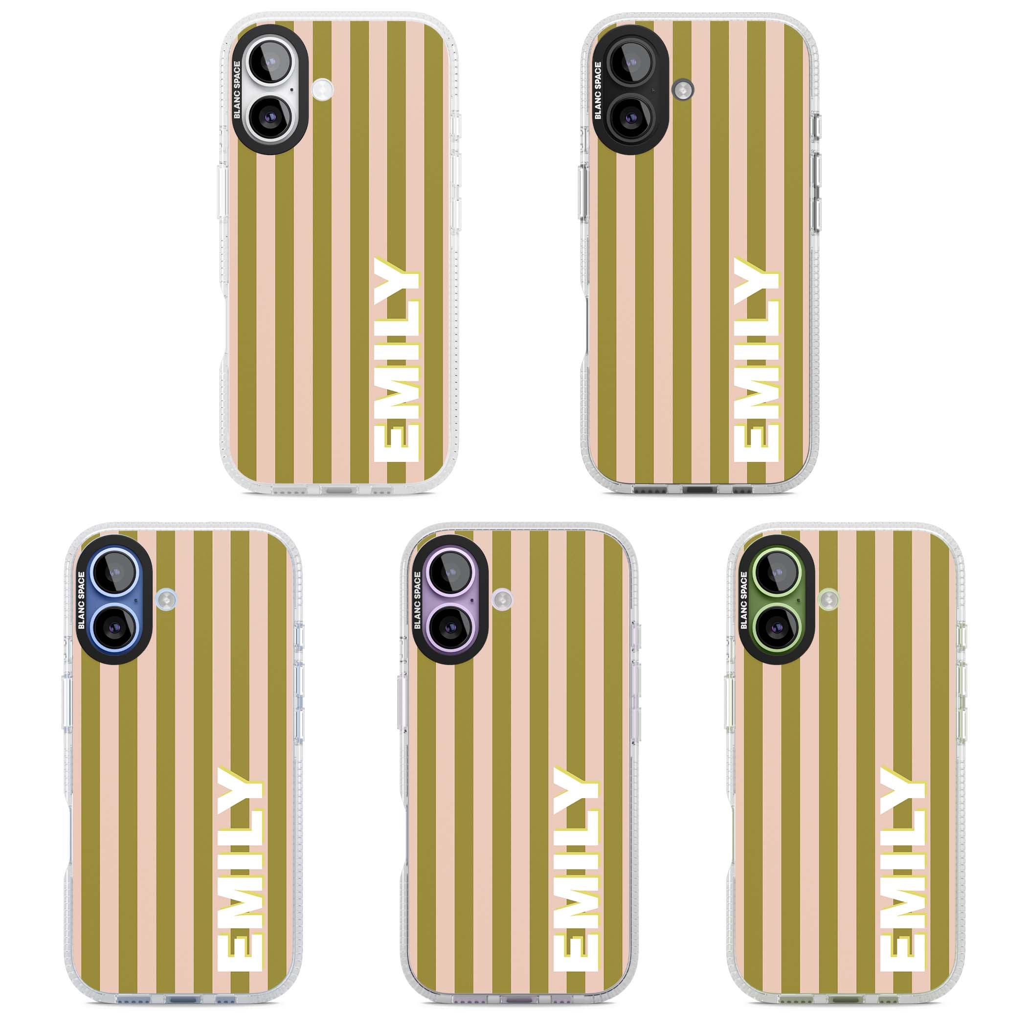 Indian Stripe personalised iPhone case featuring olive green and blush pink vertical stripes with custom name in whit | Clear Case Impact Air case for iPhone 17