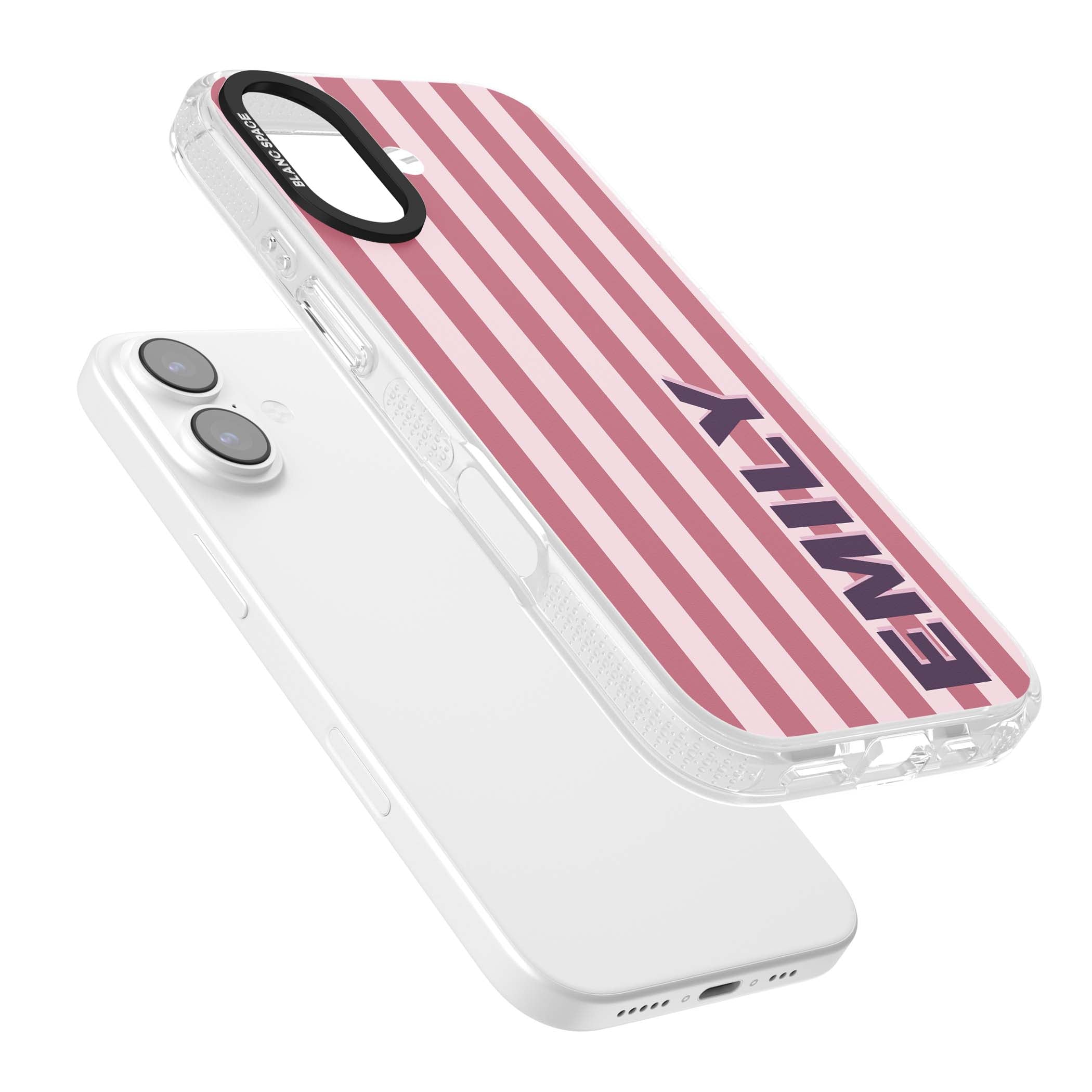 Victoria Stripe personalised iPhone case featuring pink vertical stripes and custom name in bold plum lettering | Clear Case Impact Air case for iPhone 17