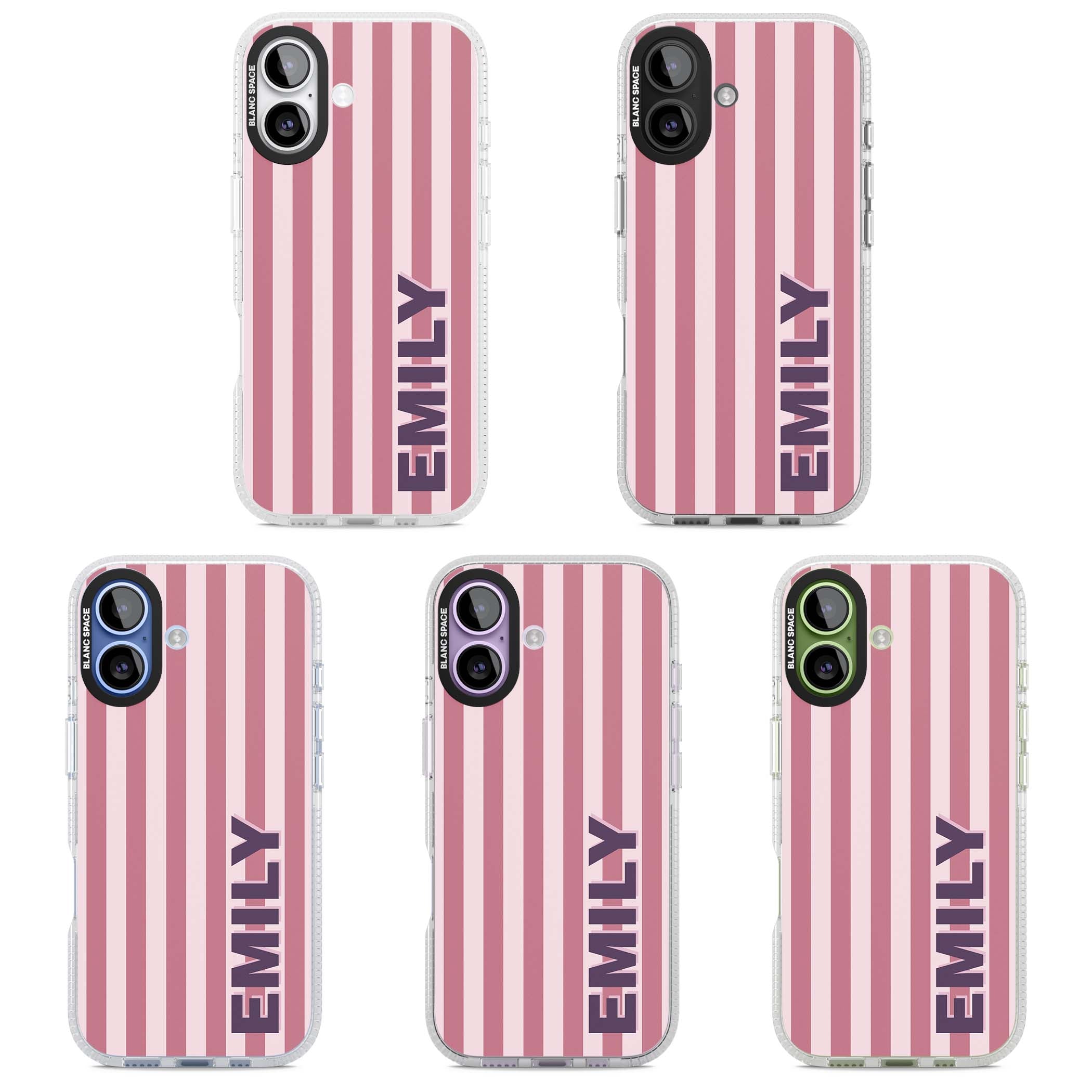 Victoria Stripe personalised iPhone case featuring pink vertical stripes and custom name in bold plum lettering | Clear Case Impact Air case for iPhone 17