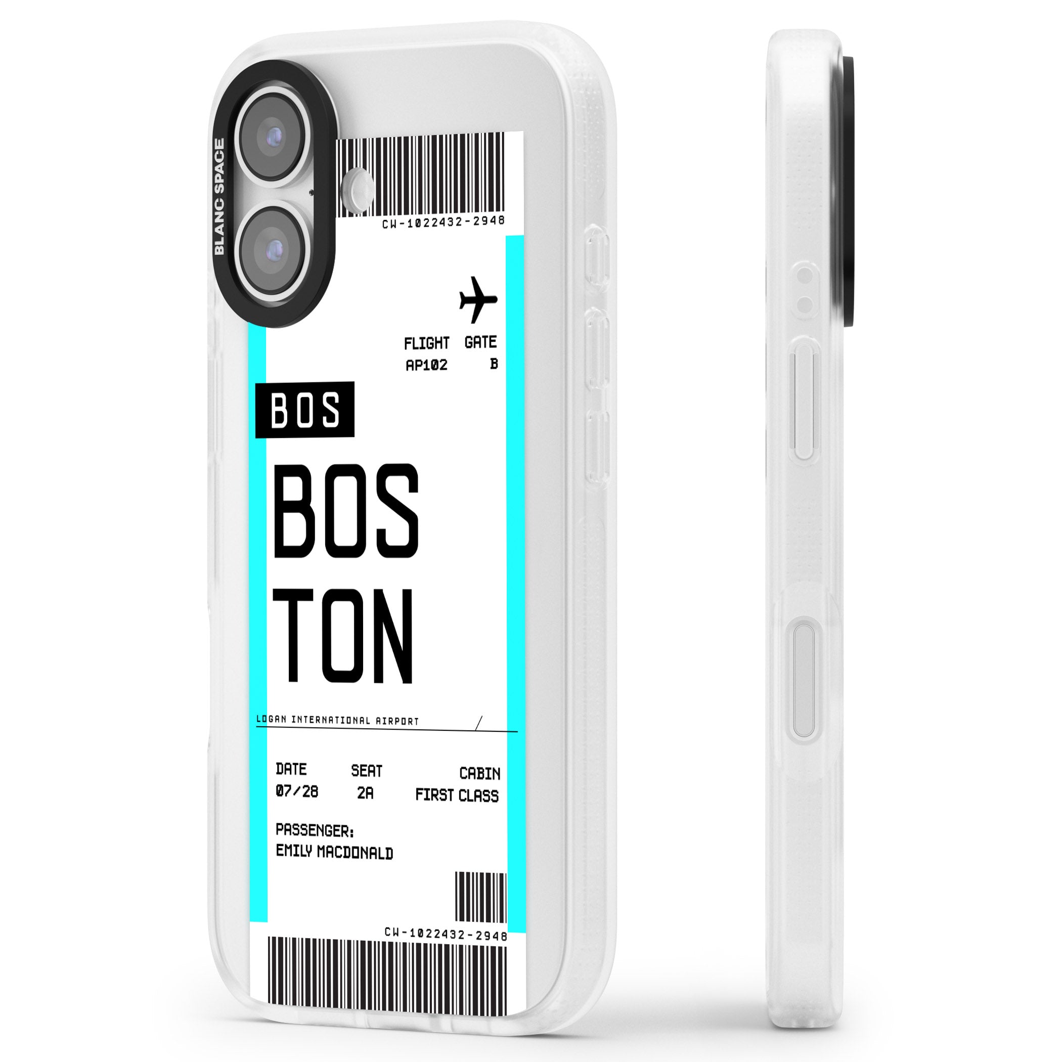 Personalised Boston Boarding Pass iPhone 17 Impact Air Clear Phone Case Side Profile