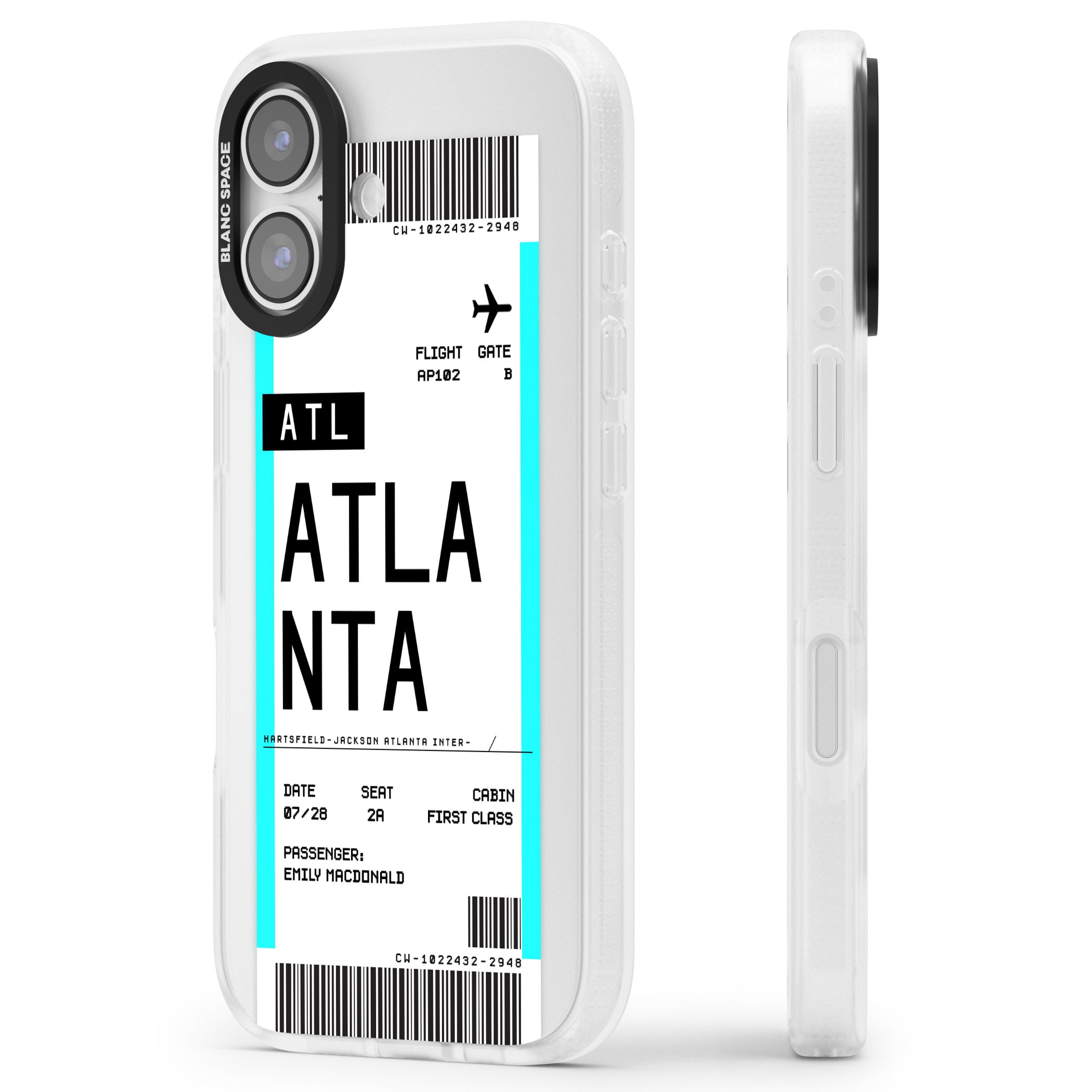 Personalised Atlanta Boarding Pass iPhone 17 Impact Air Clear Phone Case Side Profile