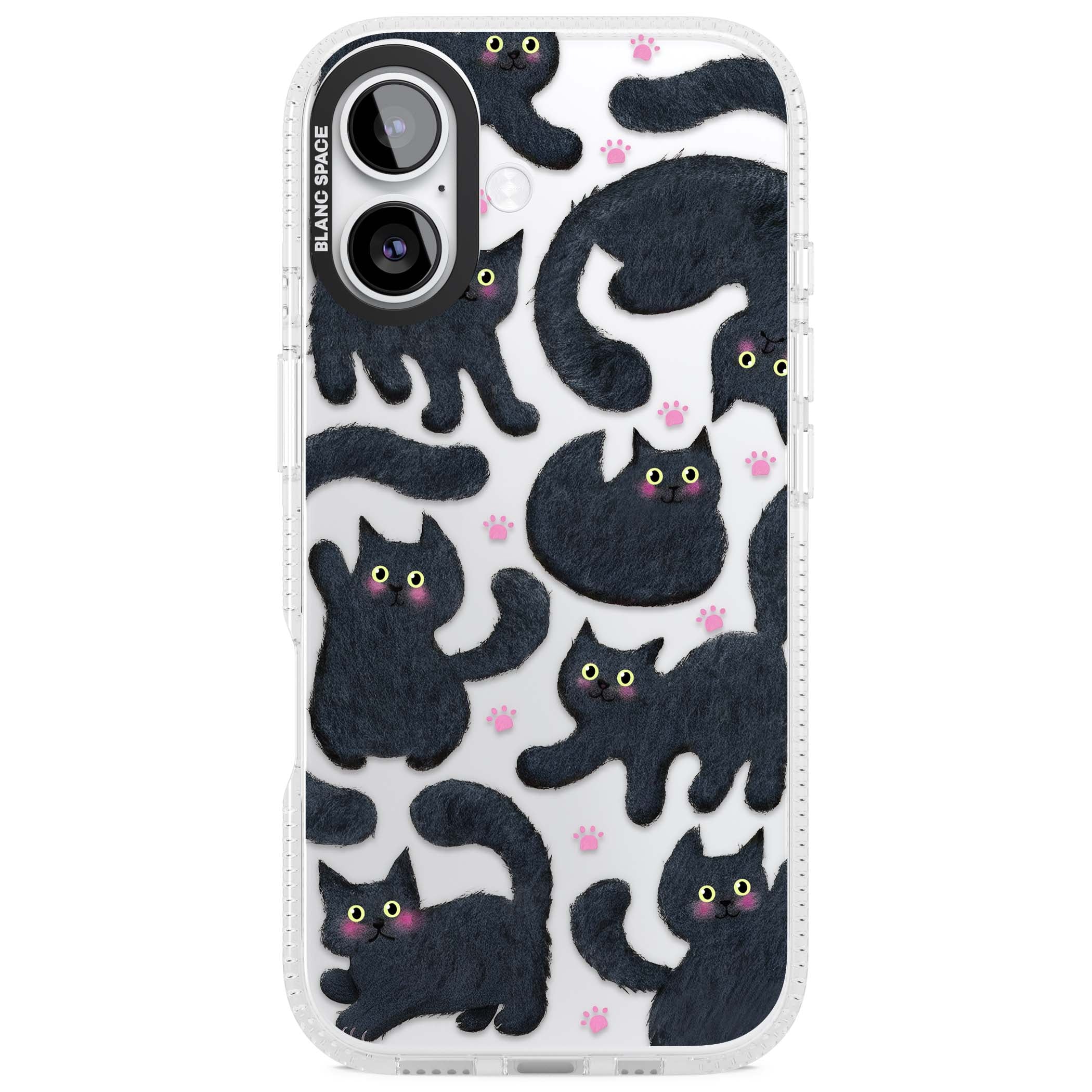 Midnight Cats cute iPhone case featuring black cat pattern with yellow eyes and pink paw prints | Clear Case Impact Air case for iPhone 17