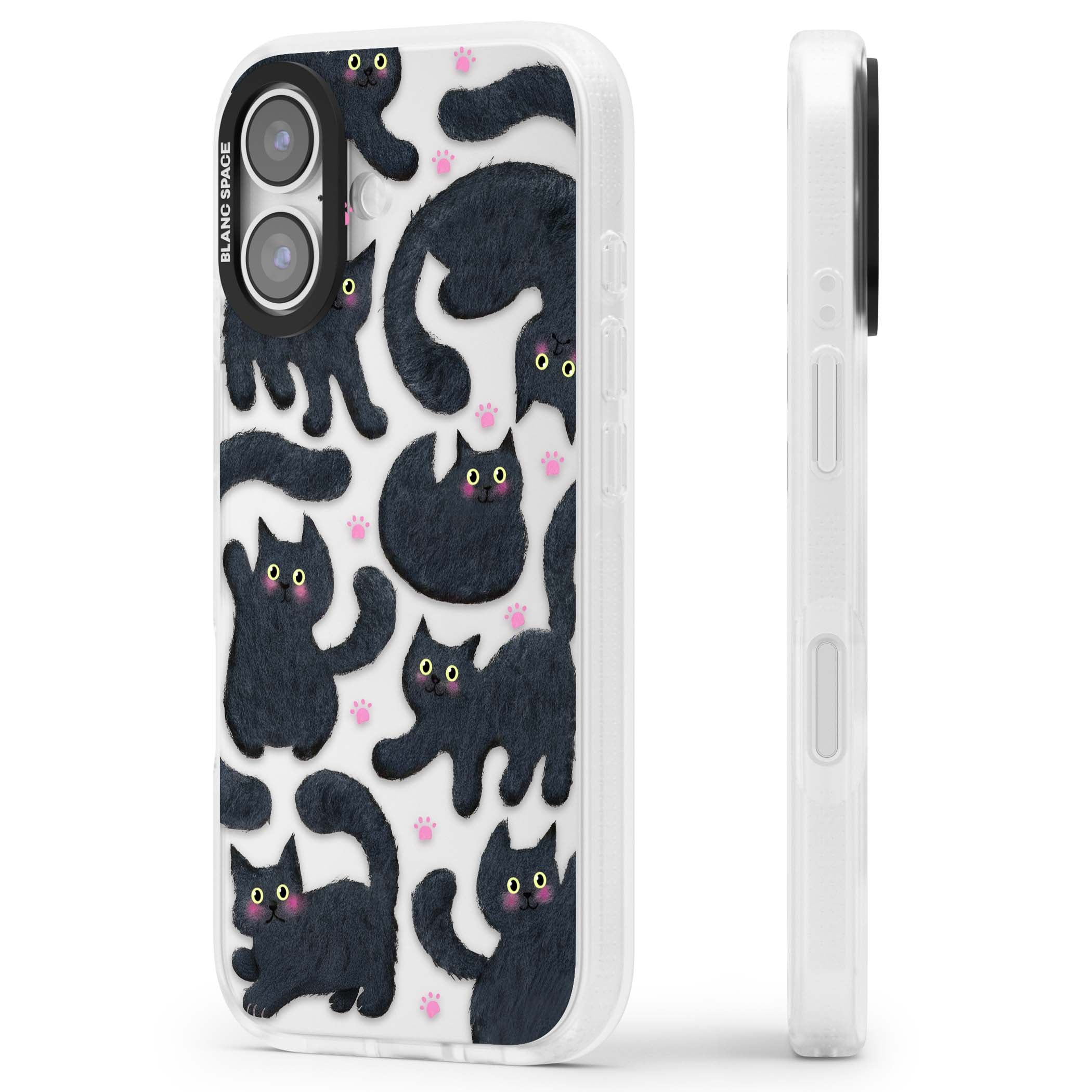 Midnight Cats cute iPhone case featuring black cat pattern with yellow eyes and pink paw prints | Clear Case Impact Air case for iPhone 17