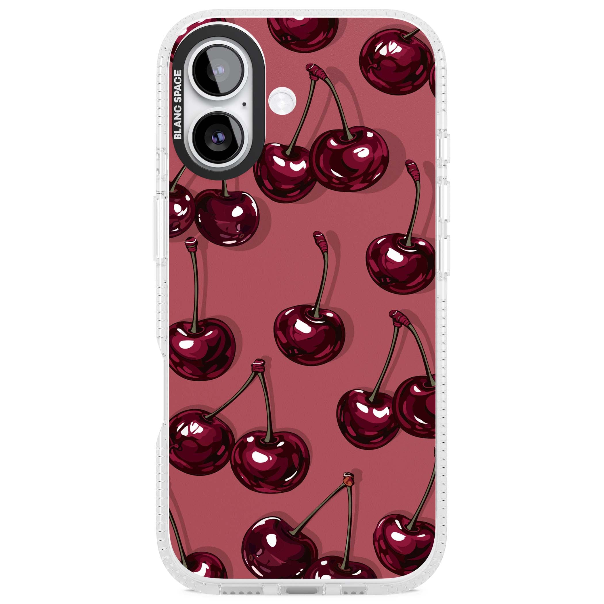 Cherry Rebel coquette iPhone case featuring glossy burgundy cherries on a dusty rose background | Clear Case Impact Air case for iPhone 17