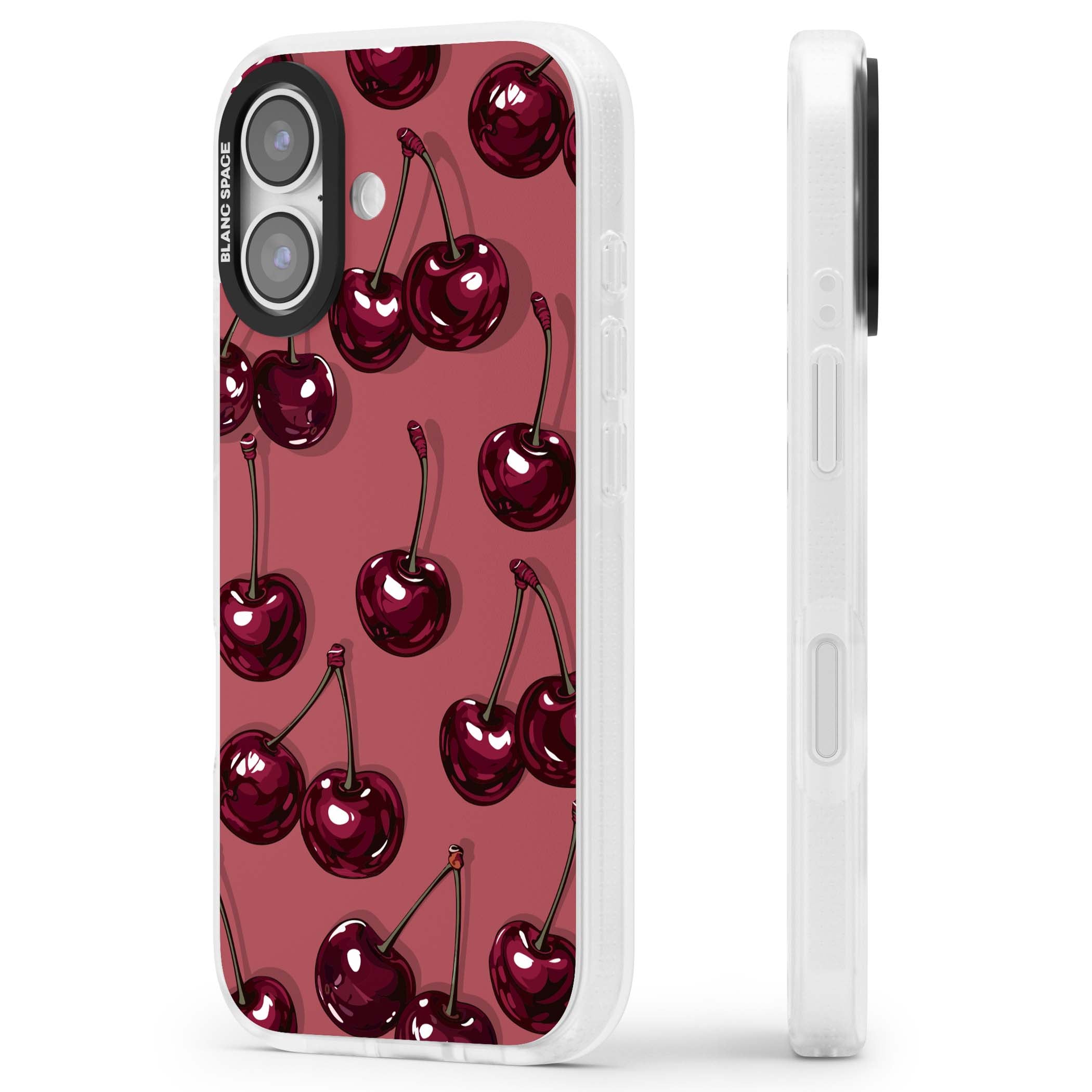Cherry Rebel coquette iPhone case featuring glossy burgundy cherries on a dusty rose background | Clear Case Impact Air case for iPhone 17