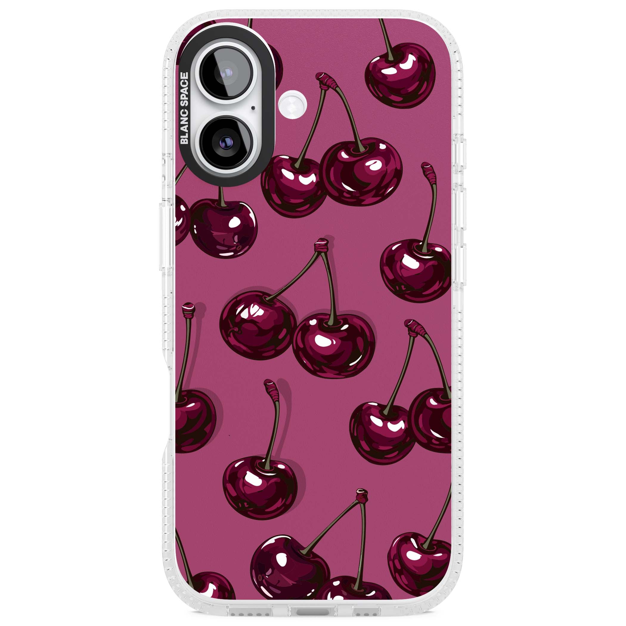 Cherry Soda coquette iPhone case featuring glossy burgundy cherries on a dusty pink background | Clear Case Impact Air case for iPhone 17