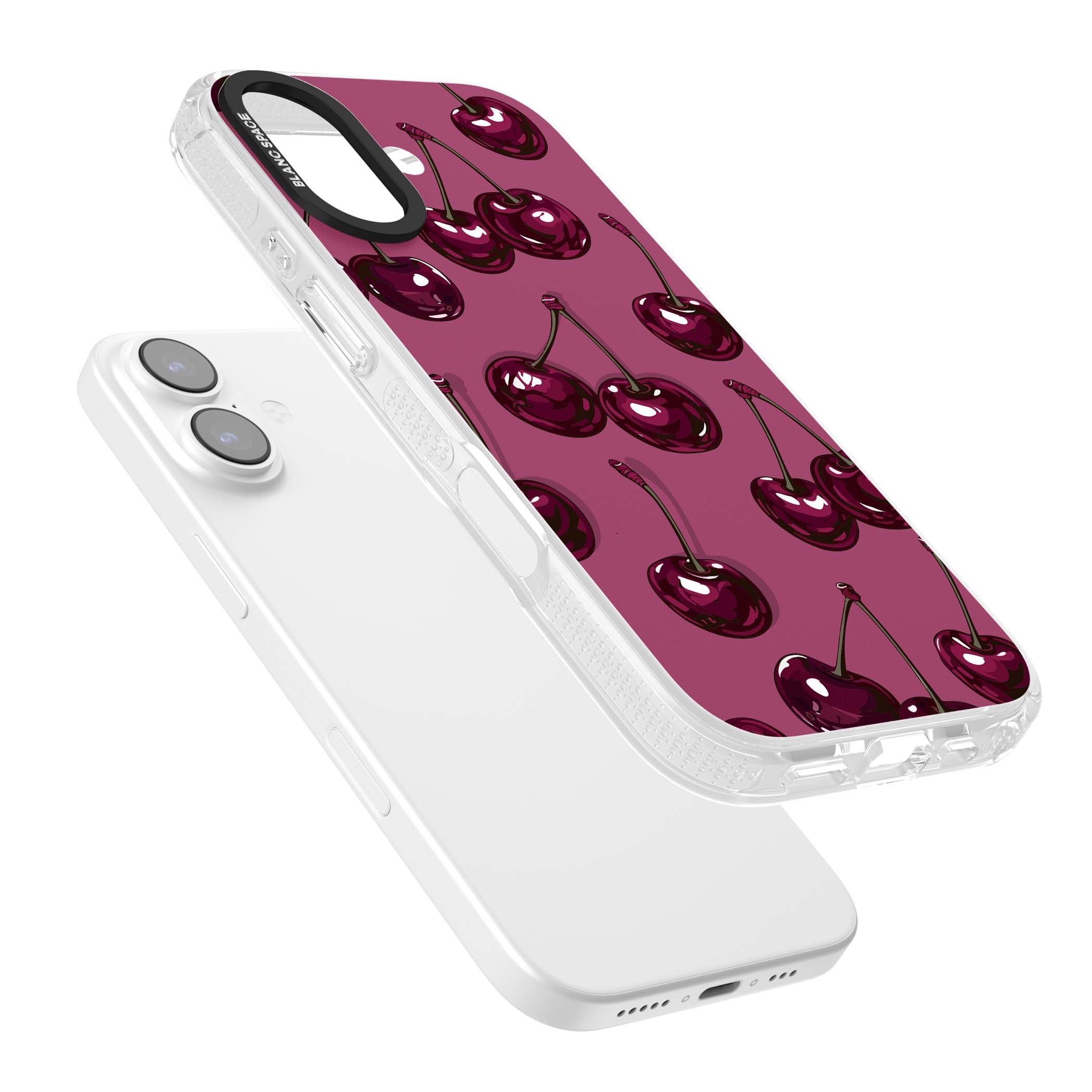 Cherry Soda coquette iPhone case featuring glossy burgundy cherries on a dusty pink background | Clear Case Impact Air case for iPhone 17