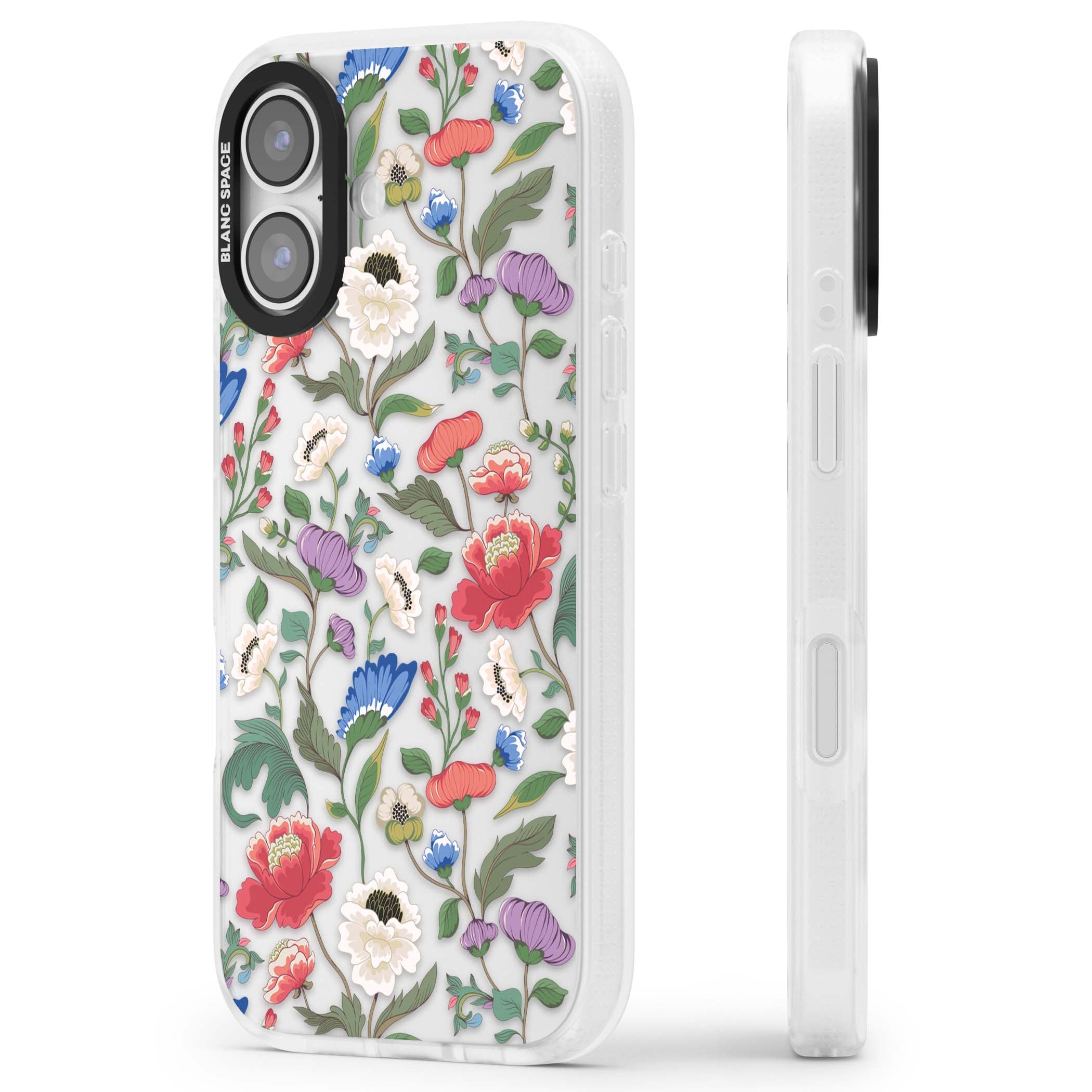 Chinoiserie Bloom vintage floral iPhone case featuring hand-painted peonies, poppies and trailing wildflowers on clear... | Clear Case Impact Air case for iPhone 17