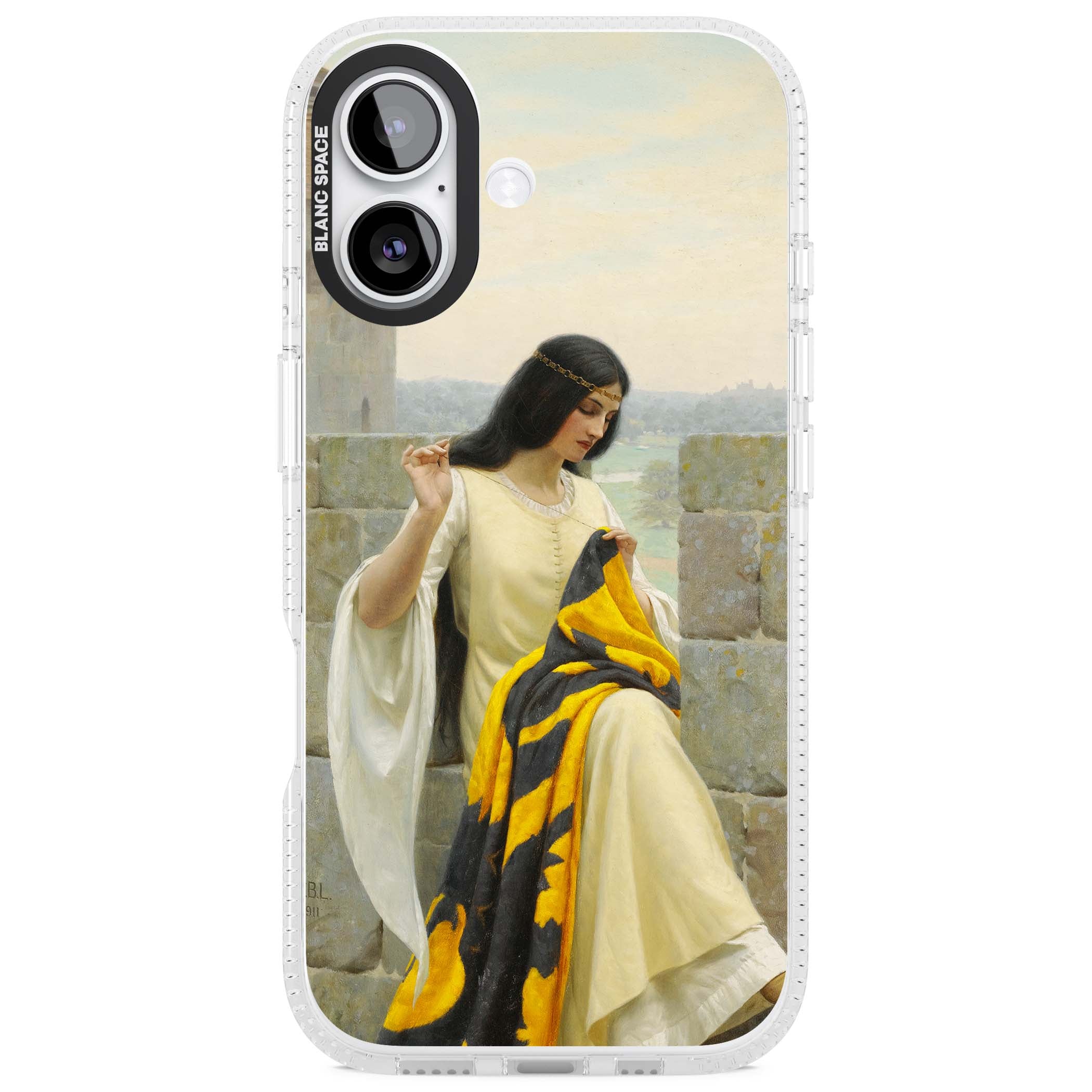 Stitching the Standard renaissance art iPhone case featuring a medieval lady sewing a golden banner on a castle wall | Clear Case Impact Air case for iPhone 17