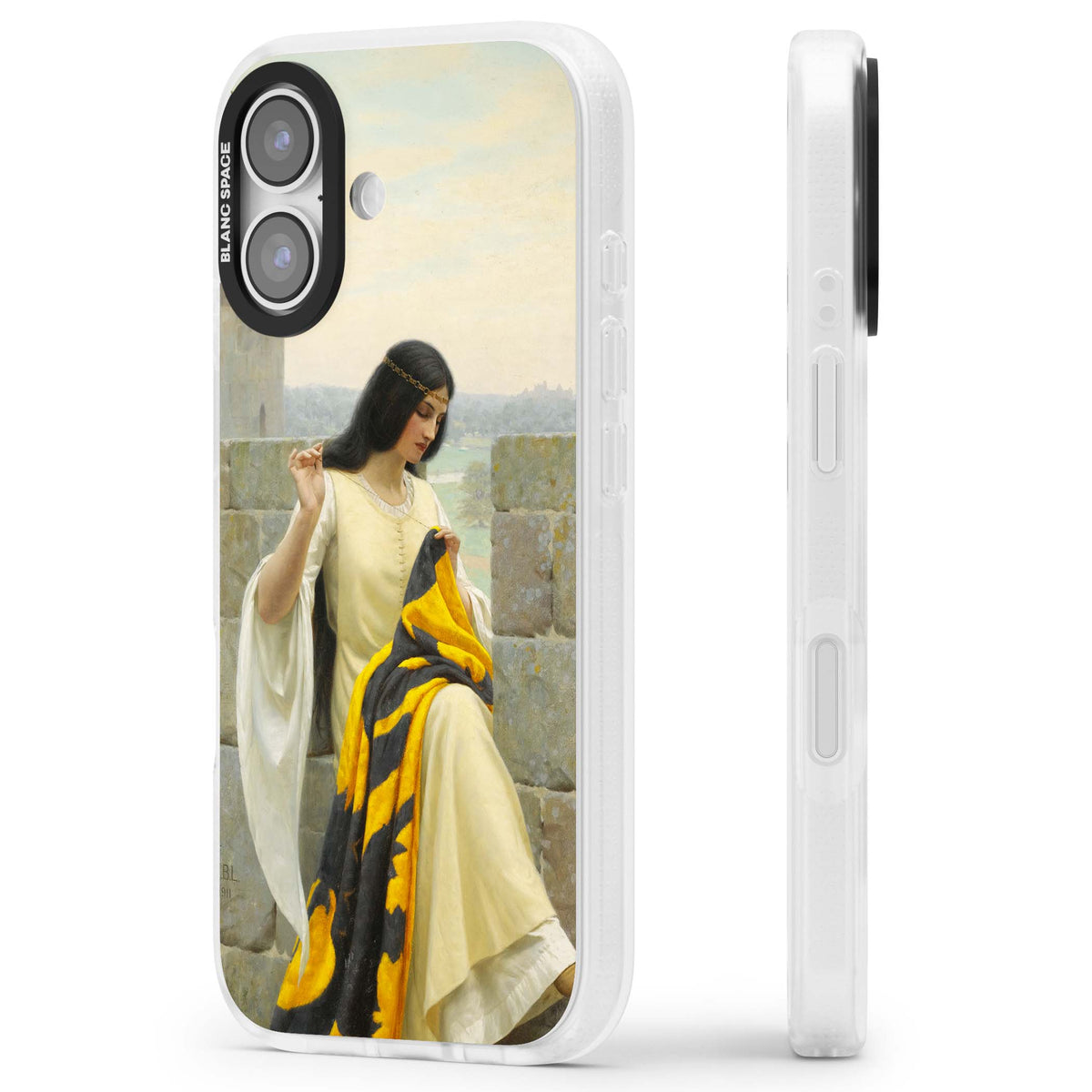 Stitching the Standard renaissance art iPhone case featuring a medieval lady sewing a golden banner on a castle wall | Clear Case Impact Air case for iPhone 17