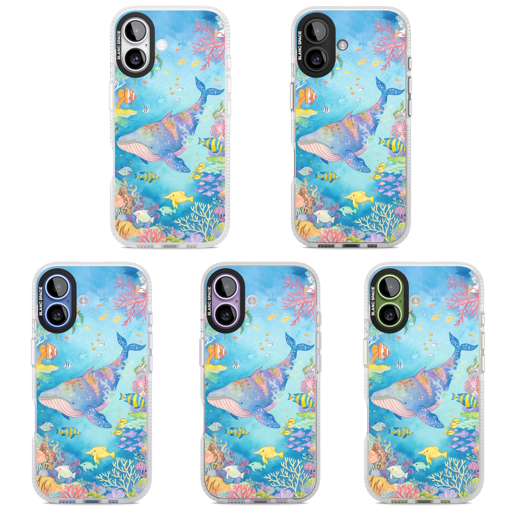 Coral Lagoon ocean iPhone case featuring a watercolour whale, coral reef and tropical fish | Clear Case Impact Air case for iPhone 17