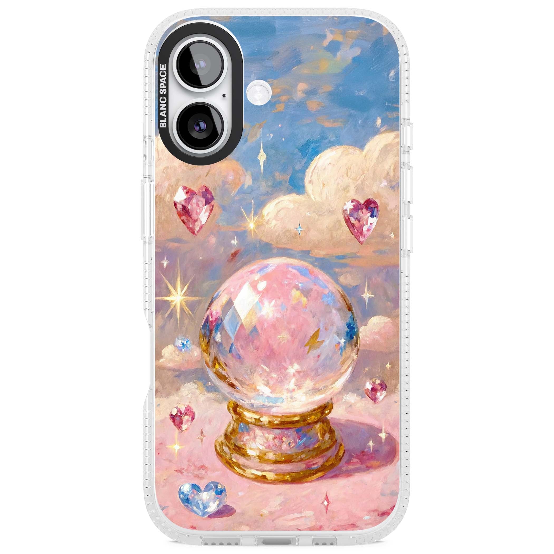 Crystal Ball fairycore iPhone case featuring a painted crystal ball, heart gemstones, and pastel clouds | Clear Case Impact Air case for iPhone 17