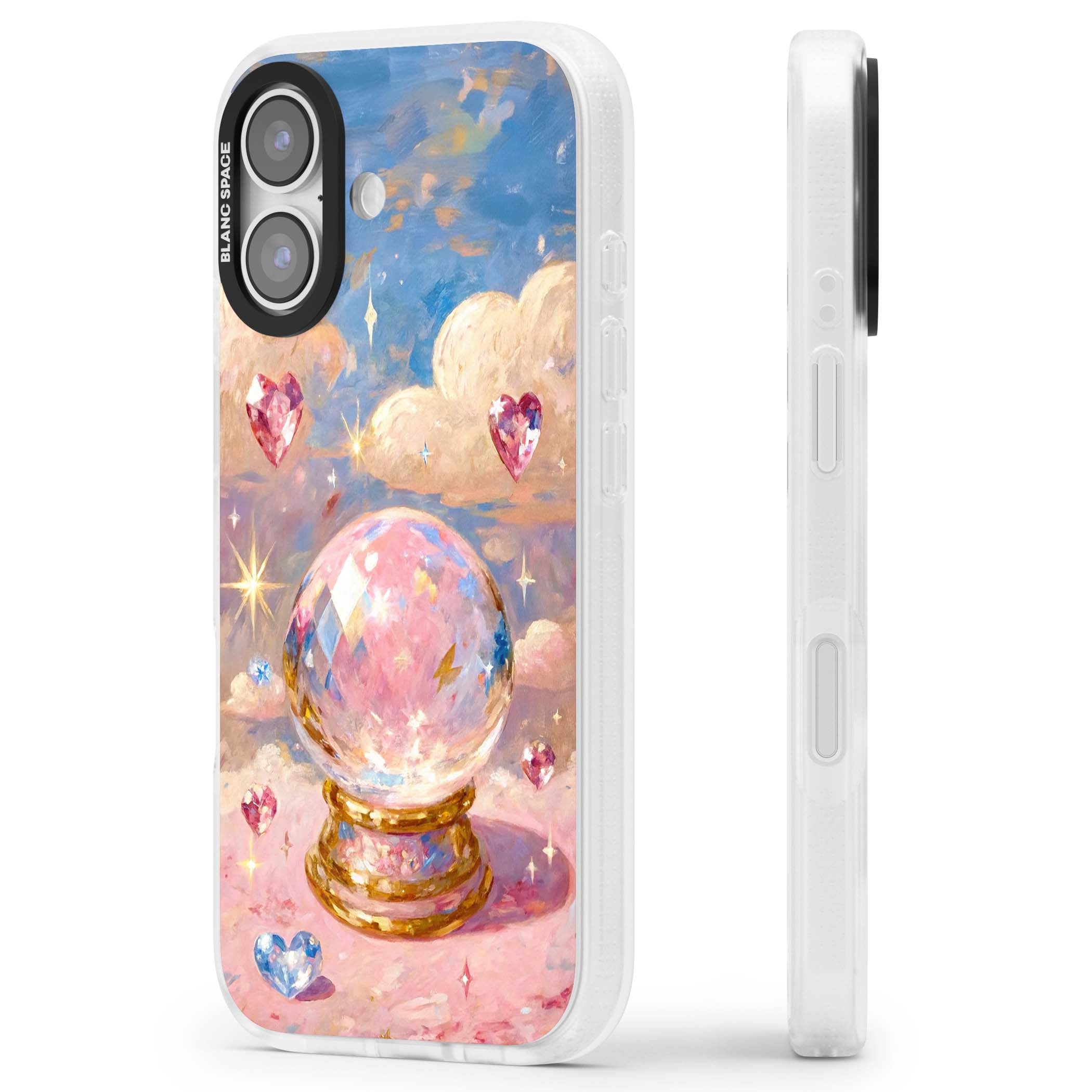Crystal Ball fairycore iPhone case featuring a painted crystal ball, heart gemstones, and pastel clouds | Clear Case Impact Air case for iPhone 17