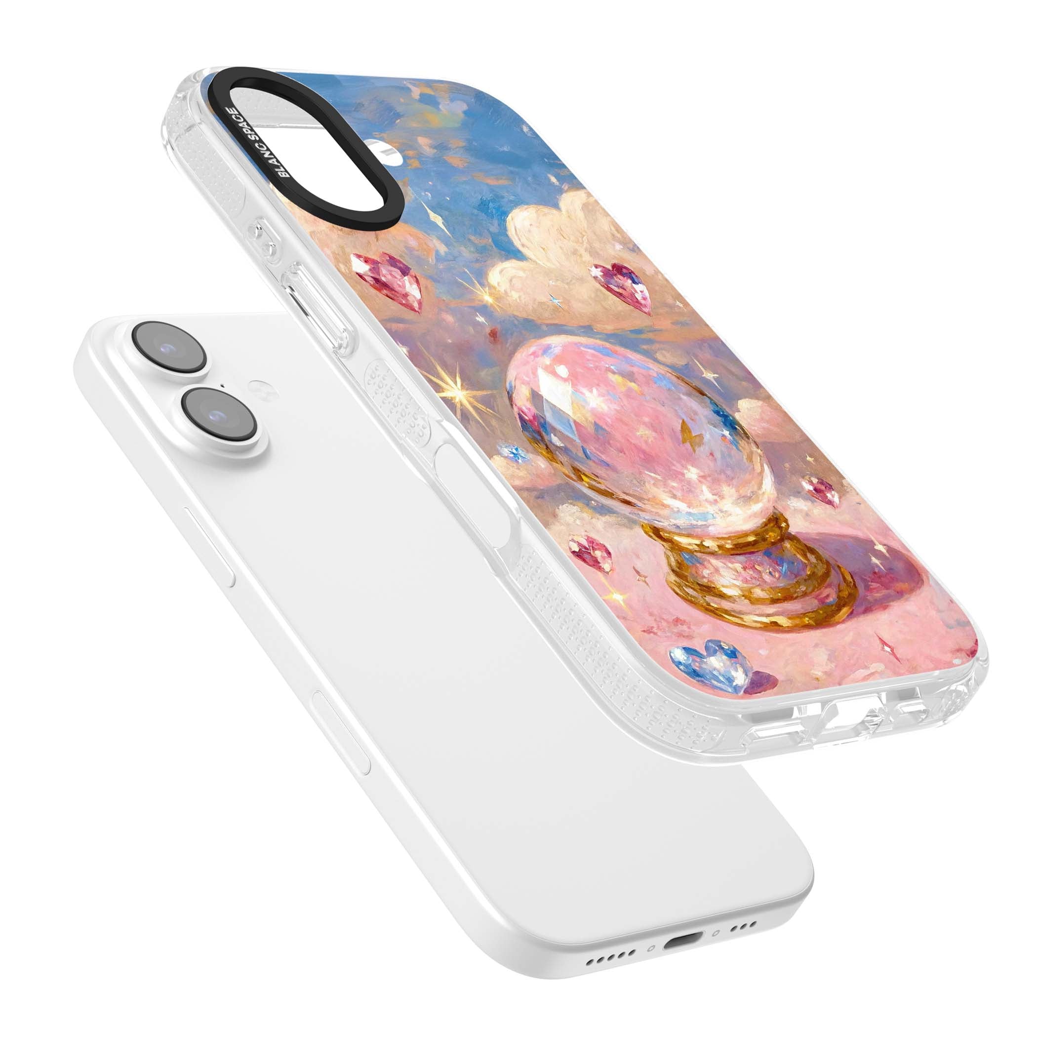 Crystal Ball fairycore iPhone case featuring a painted crystal ball, heart gemstones, and pastel clouds | Clear Case Impact Air case for iPhone 17