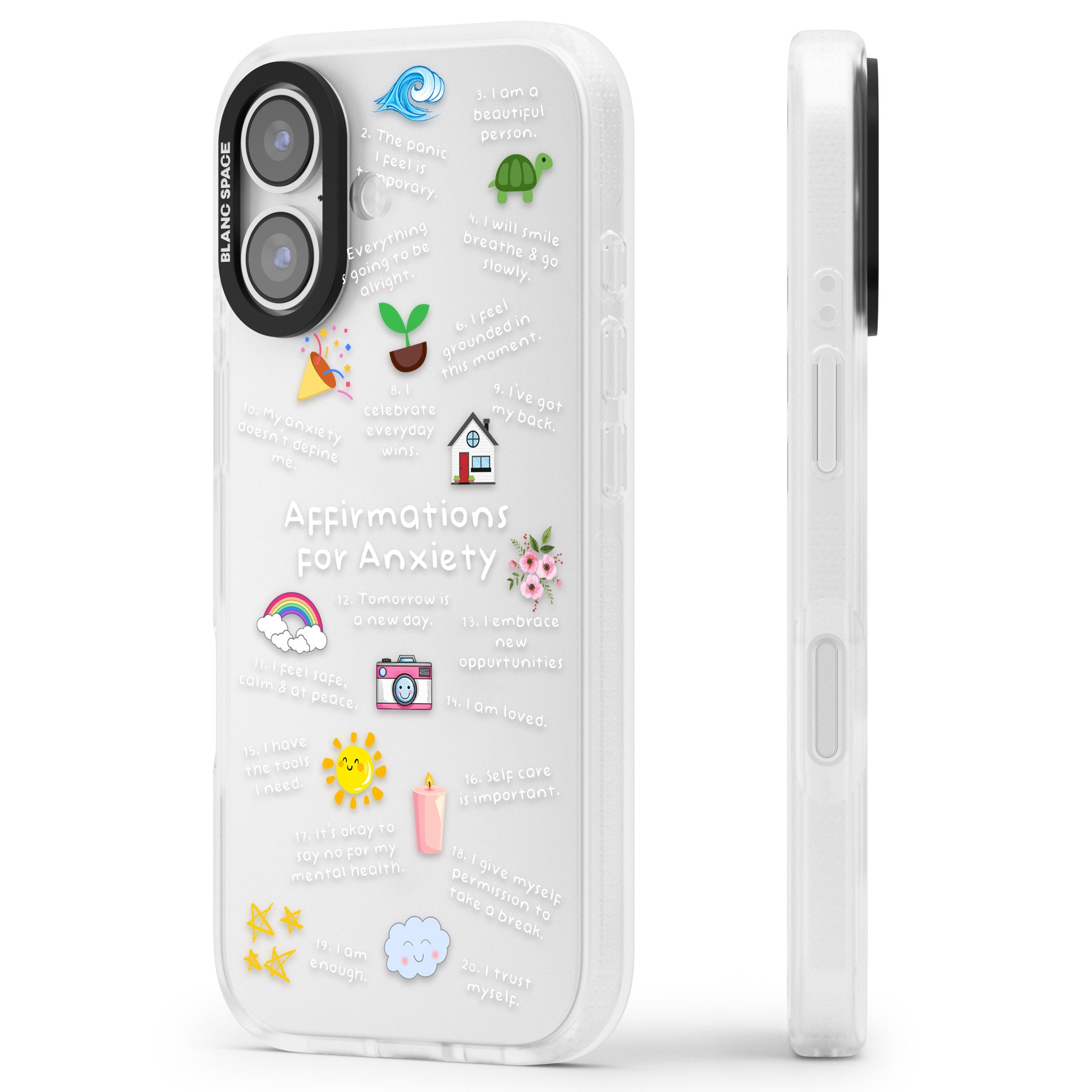 Anxiety White Text iPhone 17 Impact Air Clear Phone Case Side Profile
