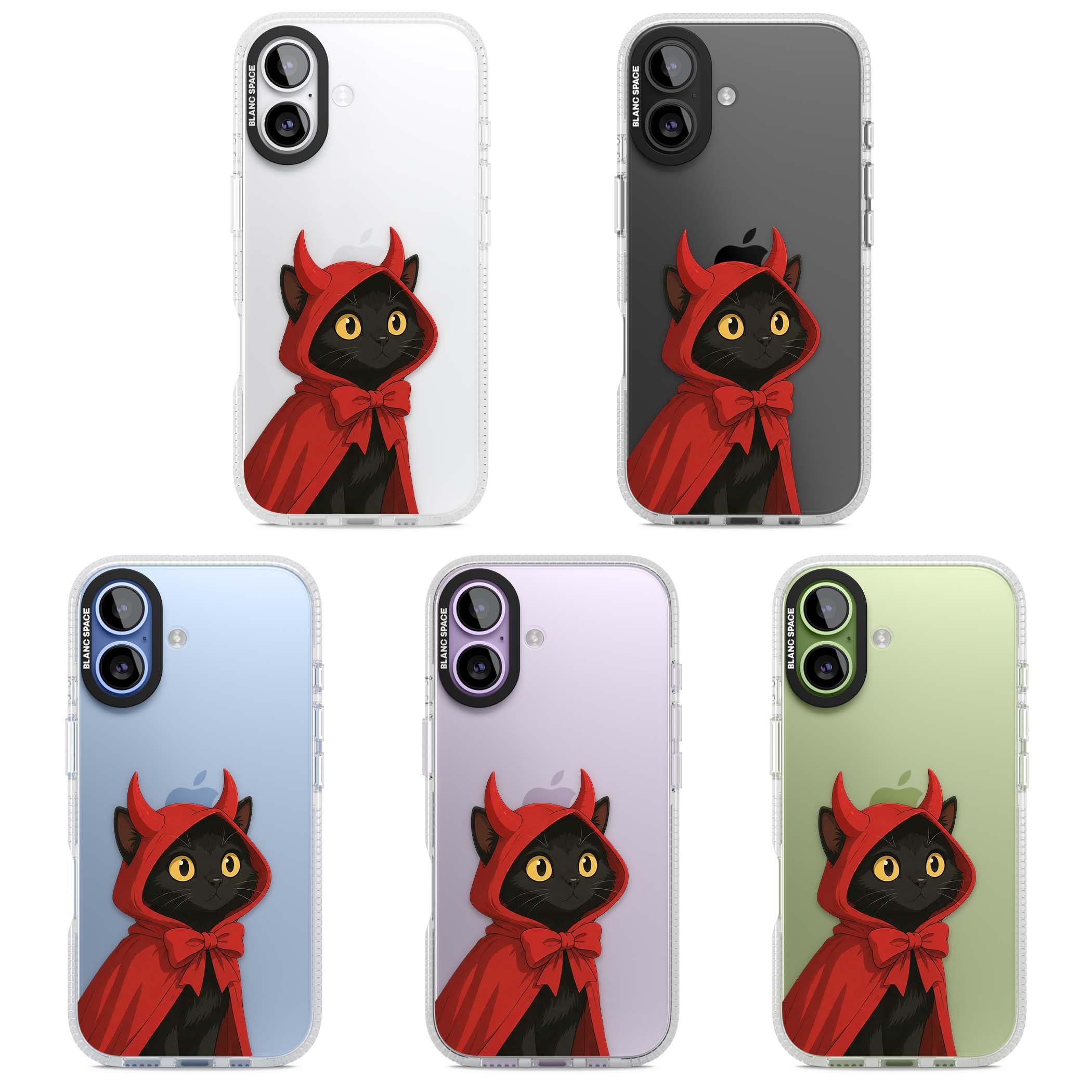 Little Devil halloween iPhone case featuring a black cat in a red hooded devil cloak with horns and golden eyes | Clear Case Impact Air case for iPhone 17