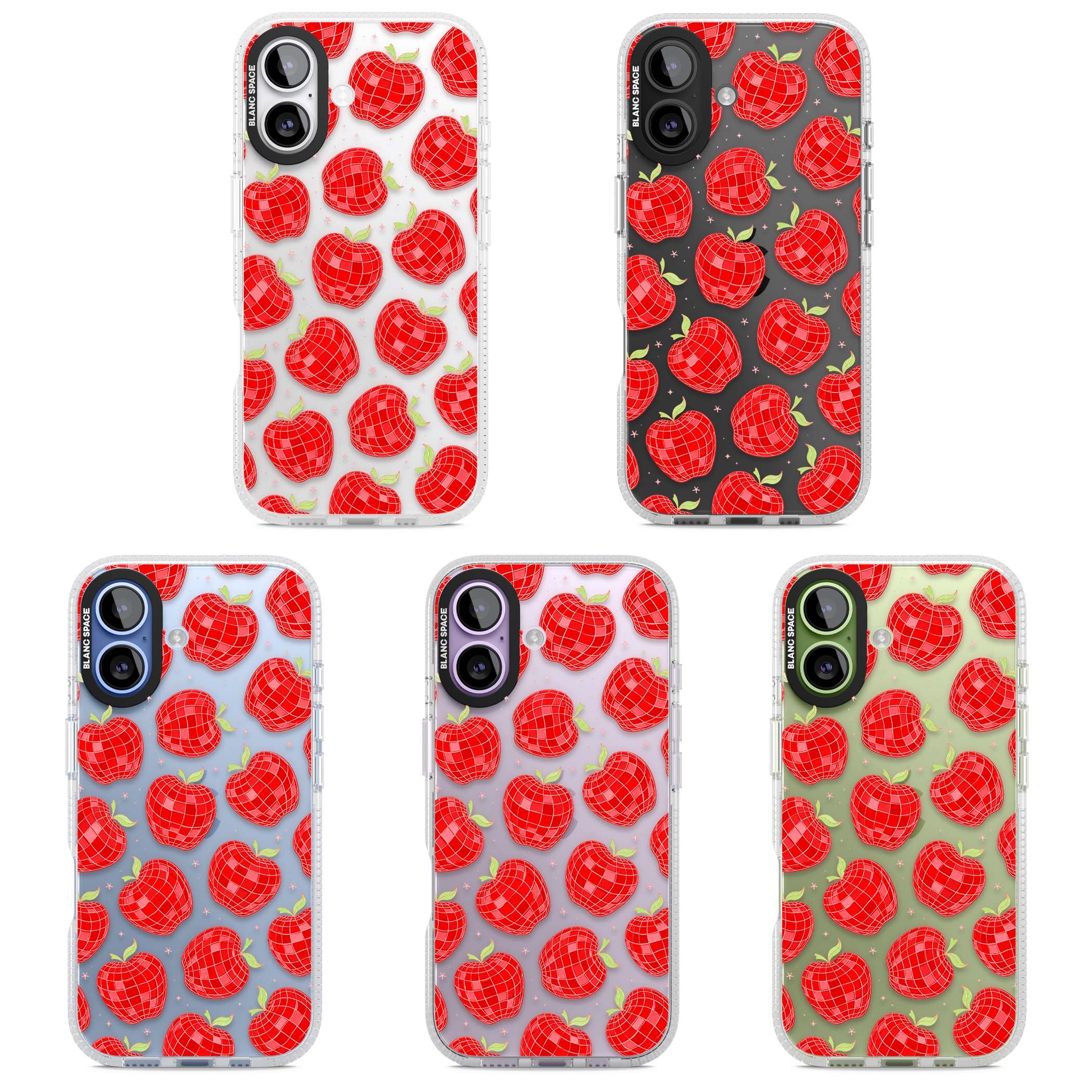 Disco Apples Y2K iPhone case featuring red disco ball apples, green leaves and pink sparkles on clear | Clear Case Impact Air case for iPhone 17