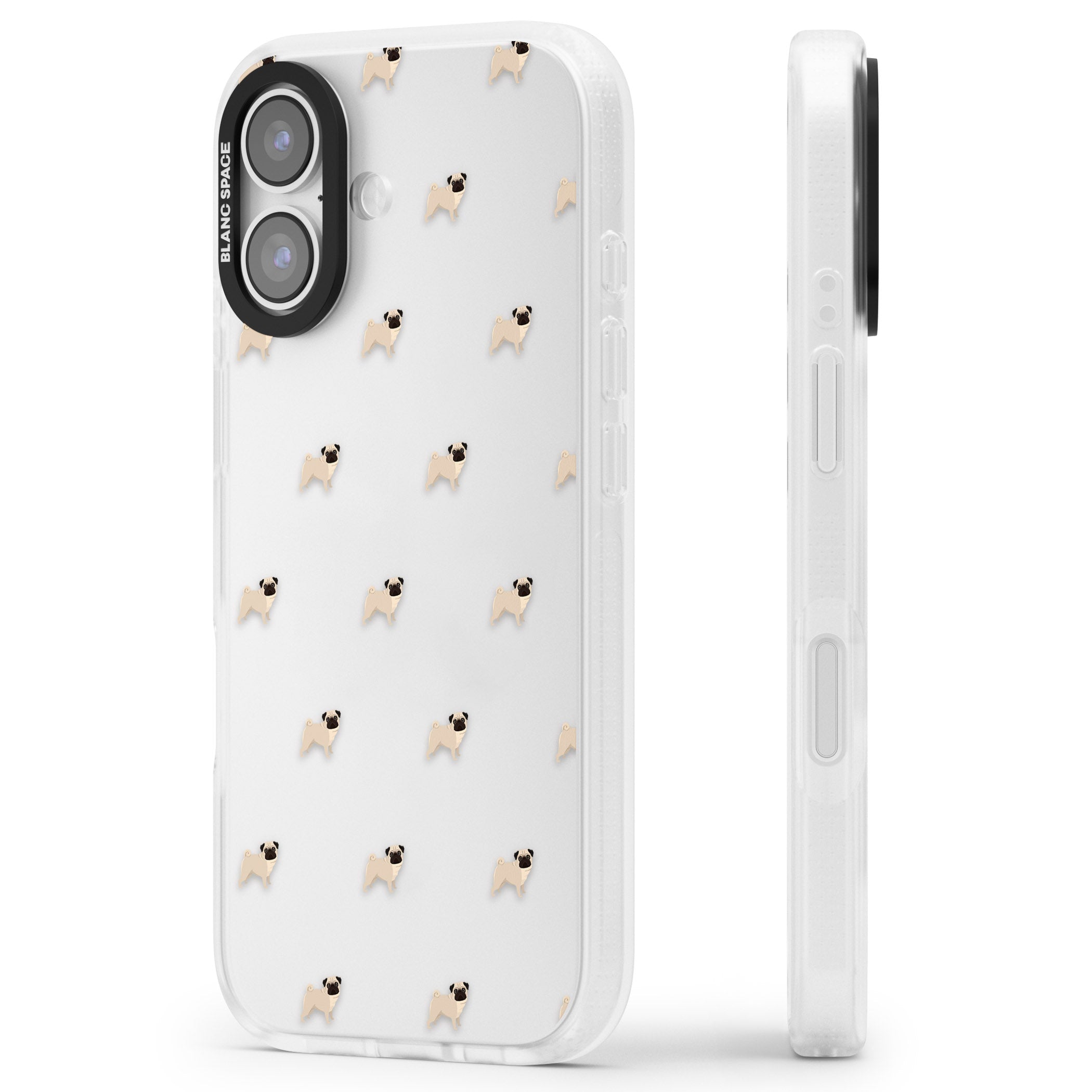 Pug Pattern iPhone 17 Impact Air Clear Phone Case Side Profile