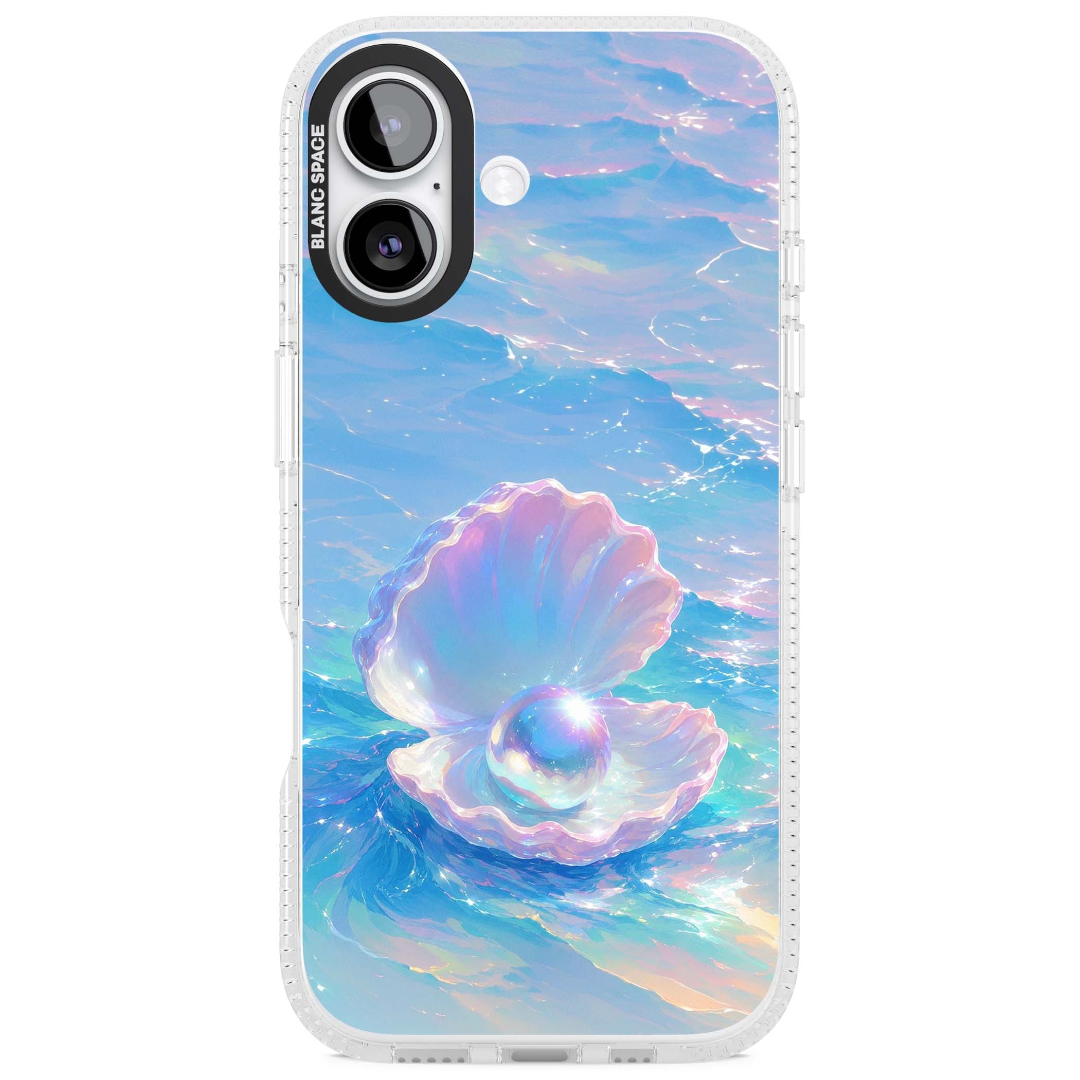 The Pearl Clam mermaidcore iPhone case featuring iridescent seashell, glowing pearl and pastel ocean waves | Clear Case Impact Air case for iPhone 17