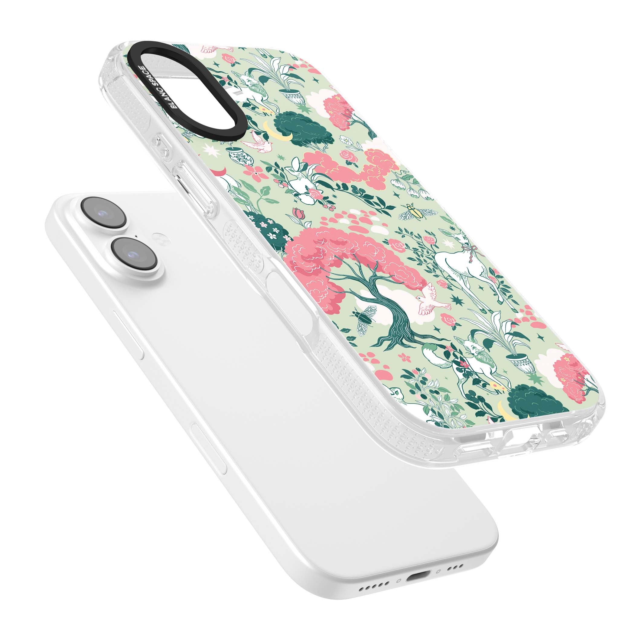 Enchanted Woodland cottagecore iPhone case featuring white deer, pink roses, mushrooms and woodland animals on sage green | Clear Case Impact Air case for iPhone 17