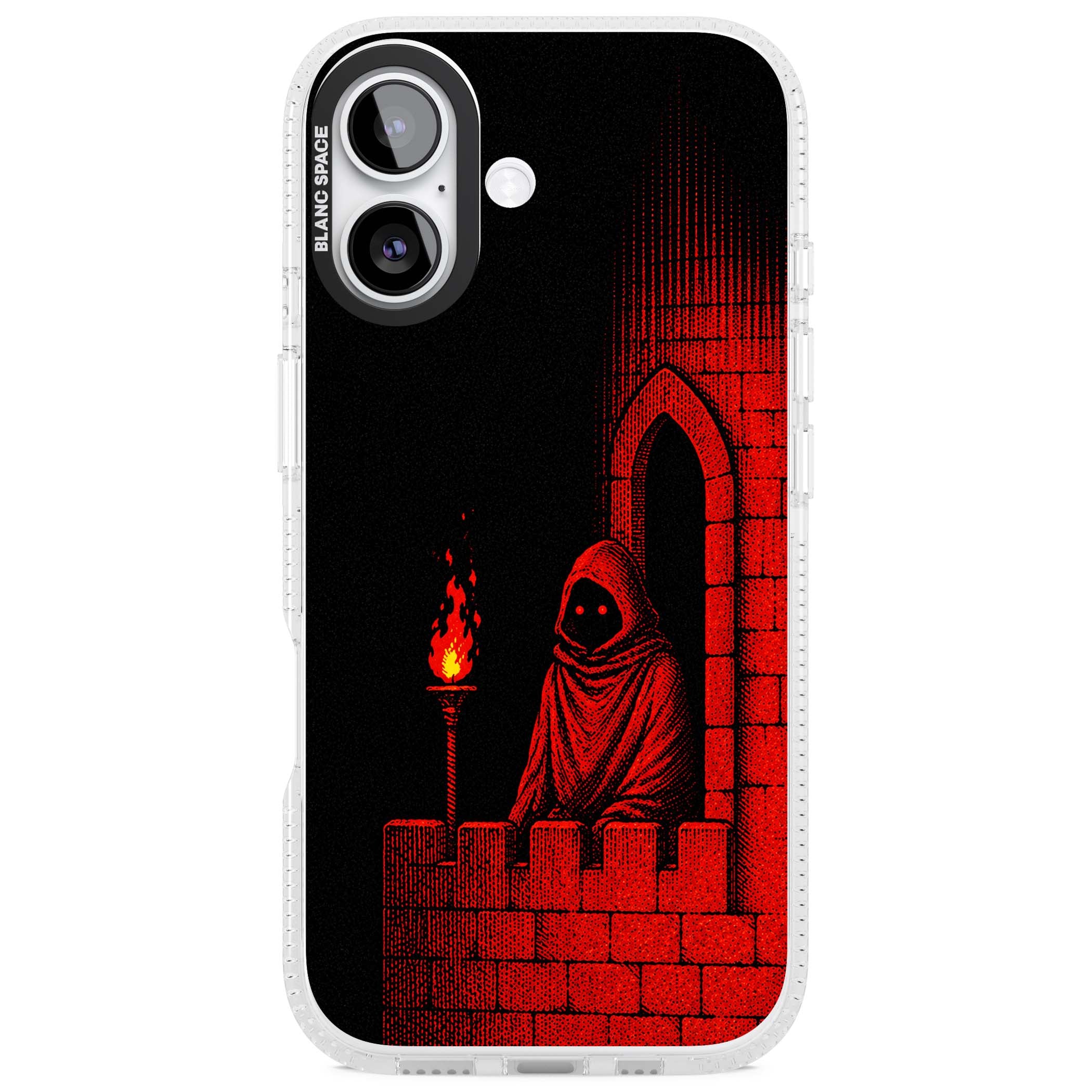 Crimson Crypt gothic iPhone case featuring a hooded reaper, torchlit crypt archway and red halftone horror art | Clear Case Impact Air case for iPhone 17