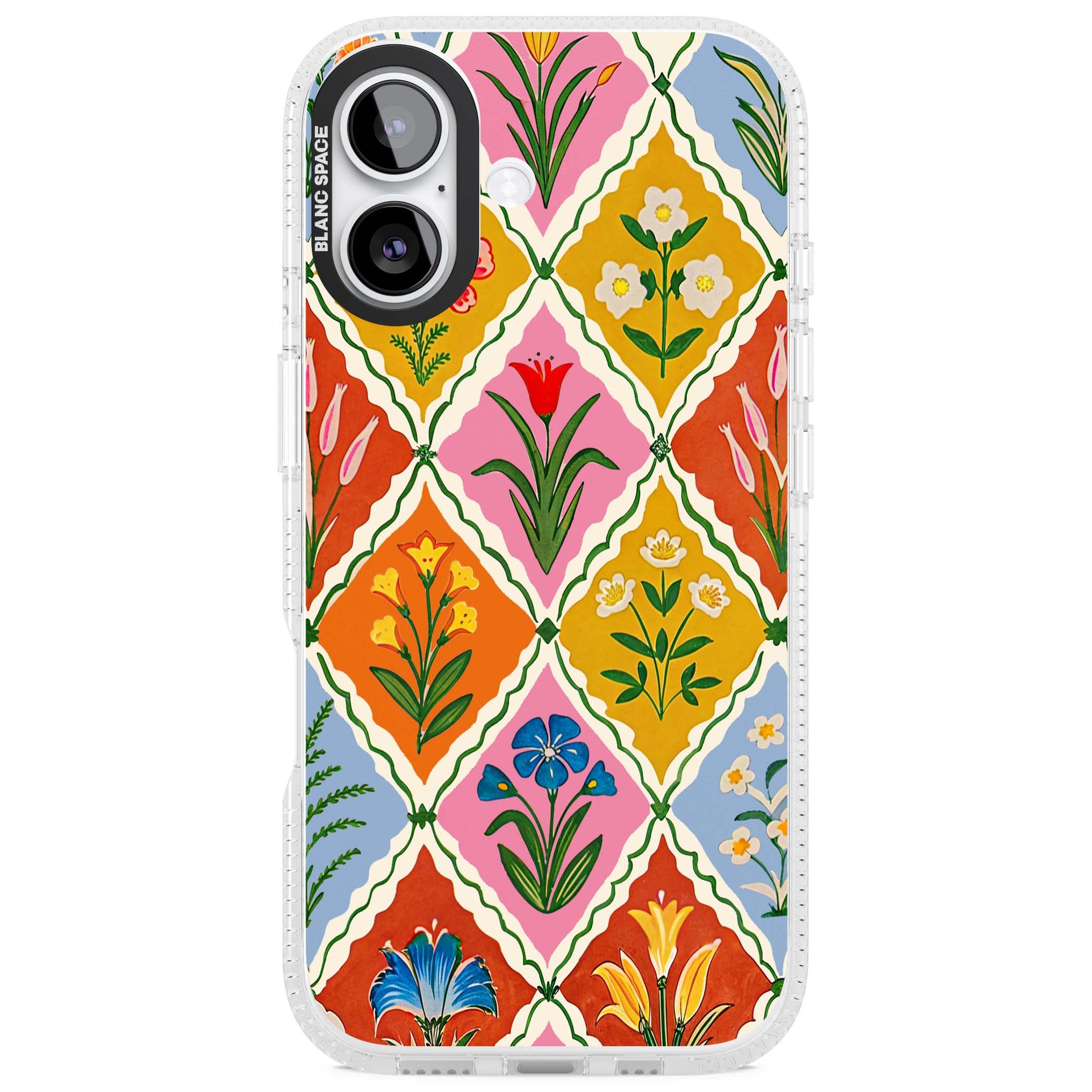 Floral Quilt boho floral iPhone case featuring diamond lattice pattern, hand-painted tulips and folk art wildflowers | Clear Case Impact Air case for iPhone 17