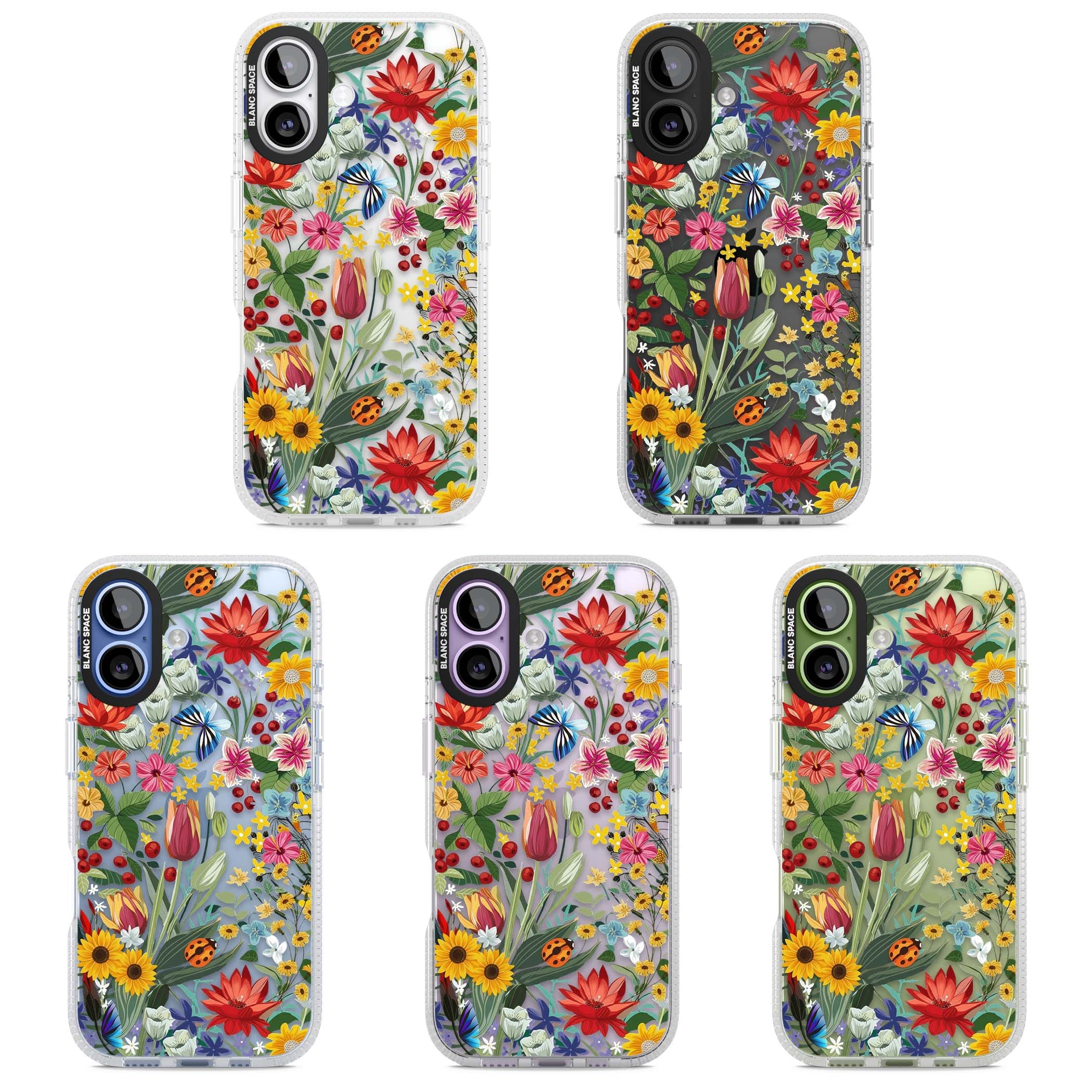 Botanical Bloom cottagecore iPhone case featuring colorful wildflowers, sunflowers, and ladybugs on clear background | Clear Case Impact Air case for iPhone 17
