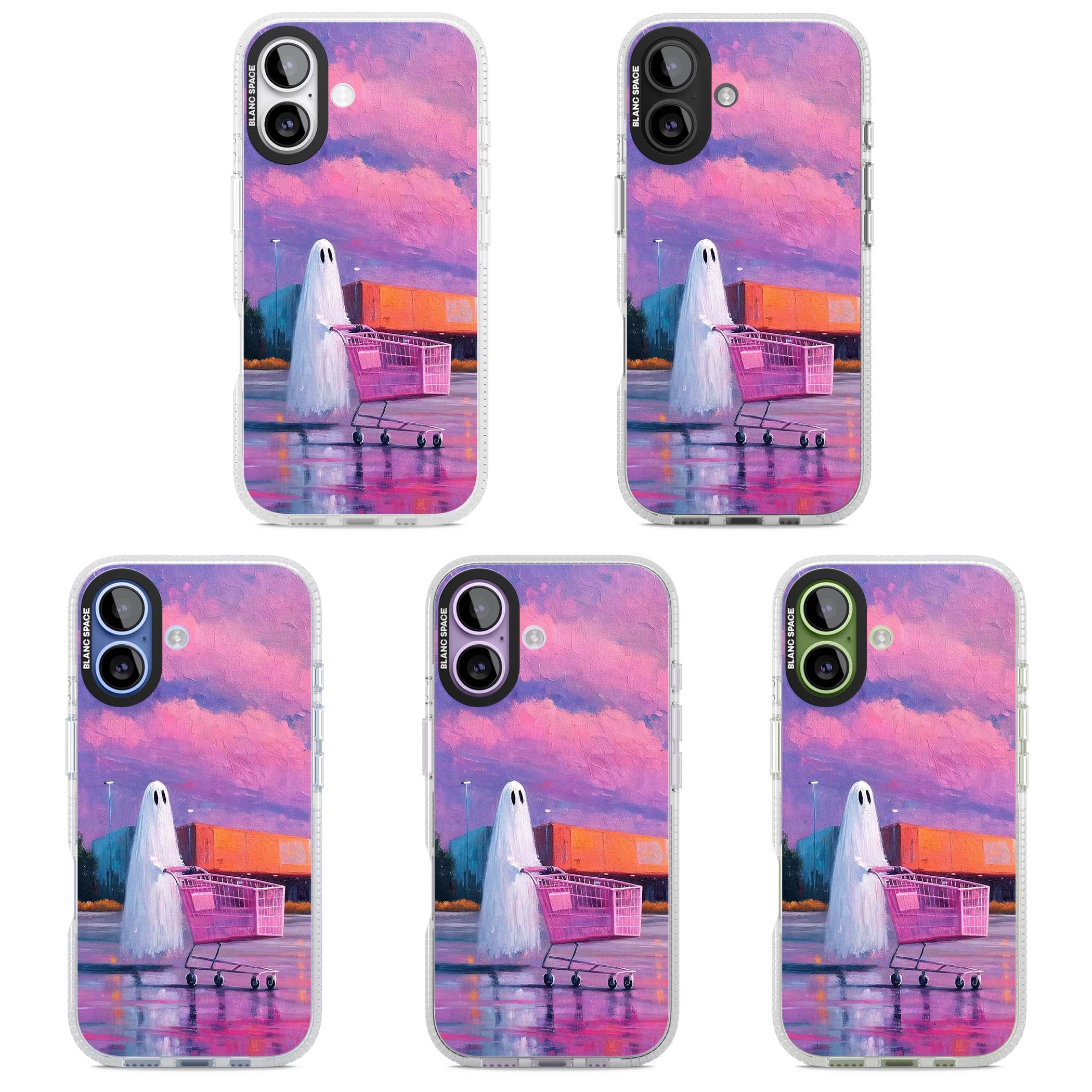 A Ghost's Errand ghost halloween iPhone case featuring a painted ghost, pink shopping trolley and purple sunset sky | Clear Case Impact Air case for iPhone 17