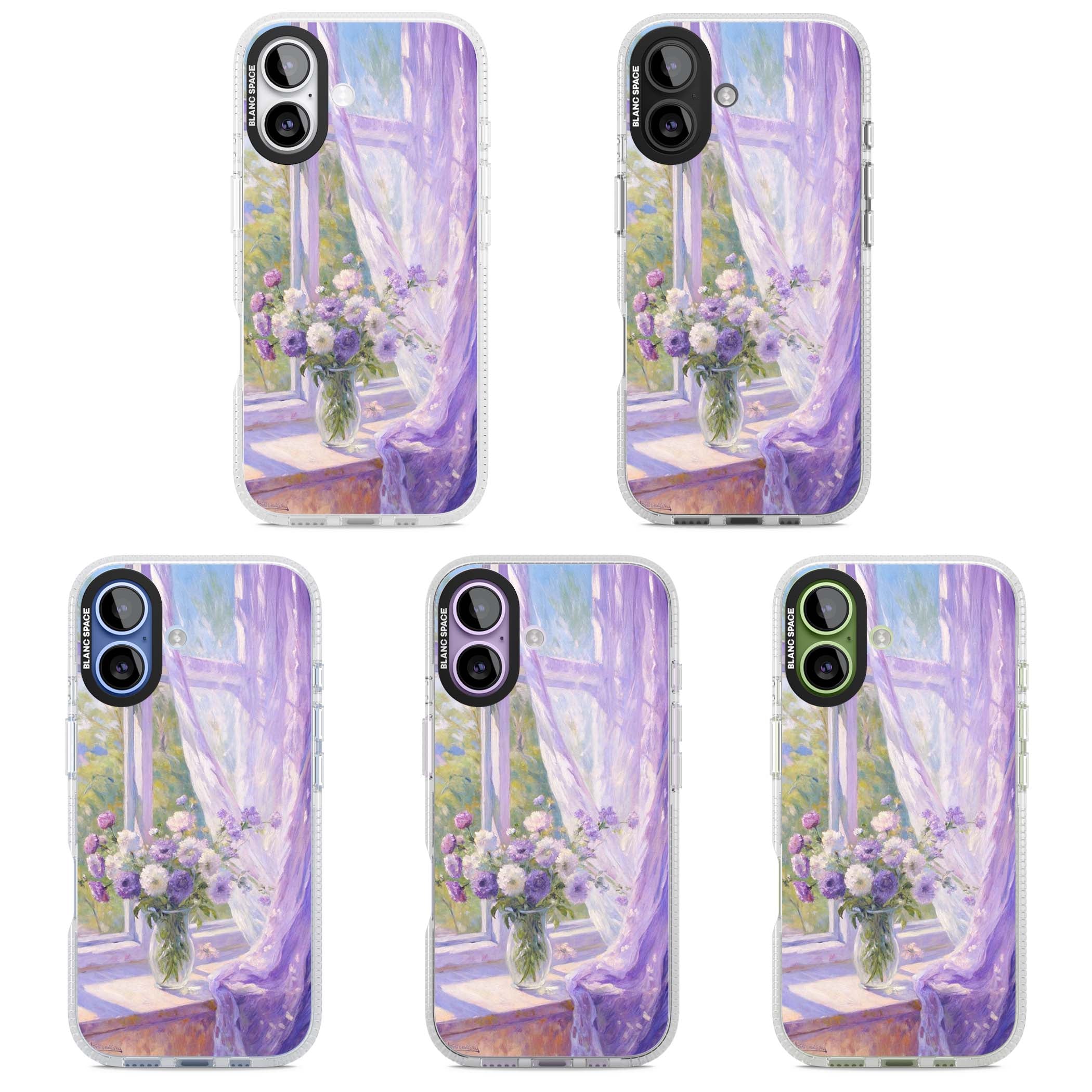 A Provence Morning impressionist art iPhone case featuring a vase of purple flowers, sunlit window and sheer curt | Clear Case Impact Air case for iPhone 17