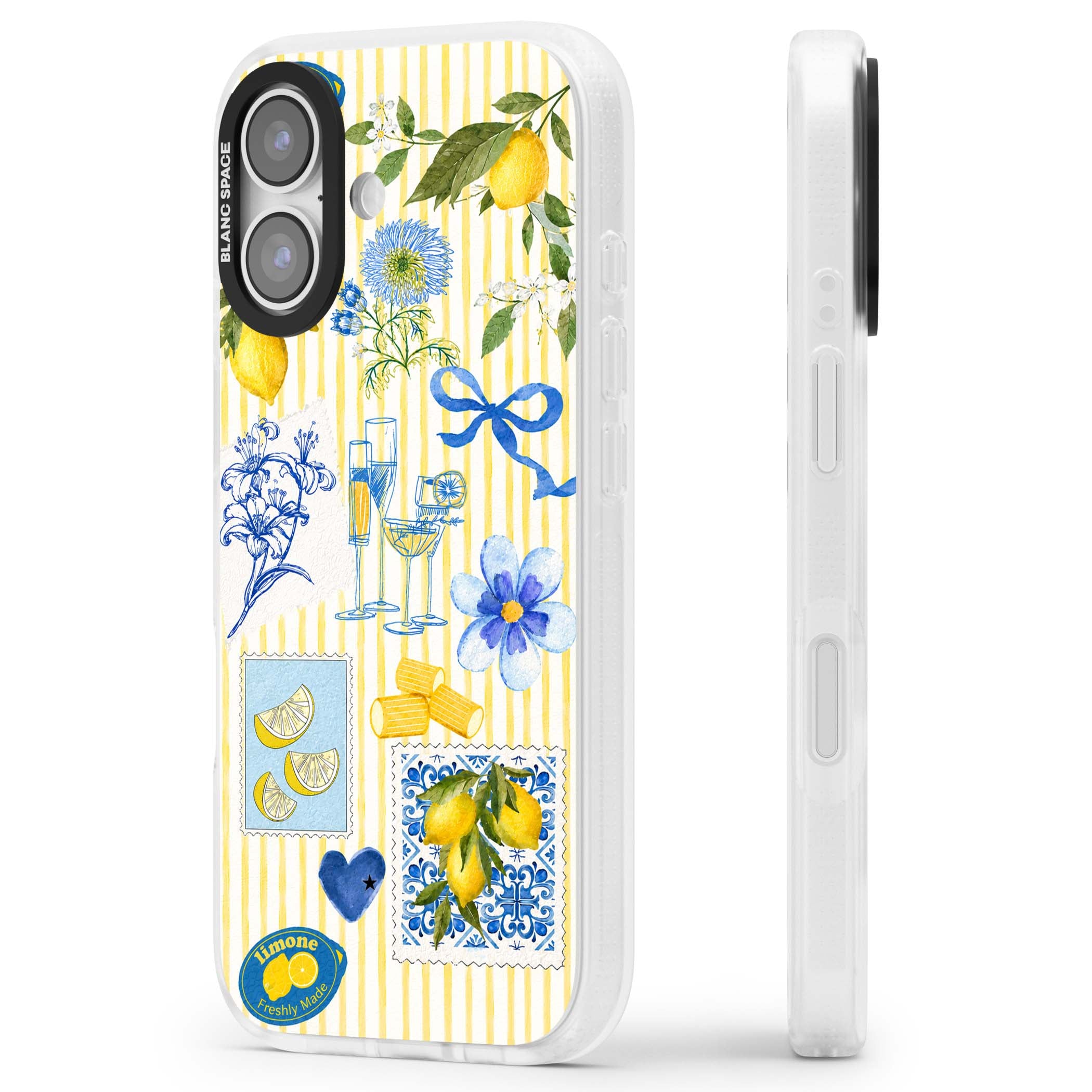 Limone Riviera Italian summer iPhone case featuring watercolour lemons, blue ribbon bows and majolica tile stamps on... | Clear Case Impact Air case for iPhone 17