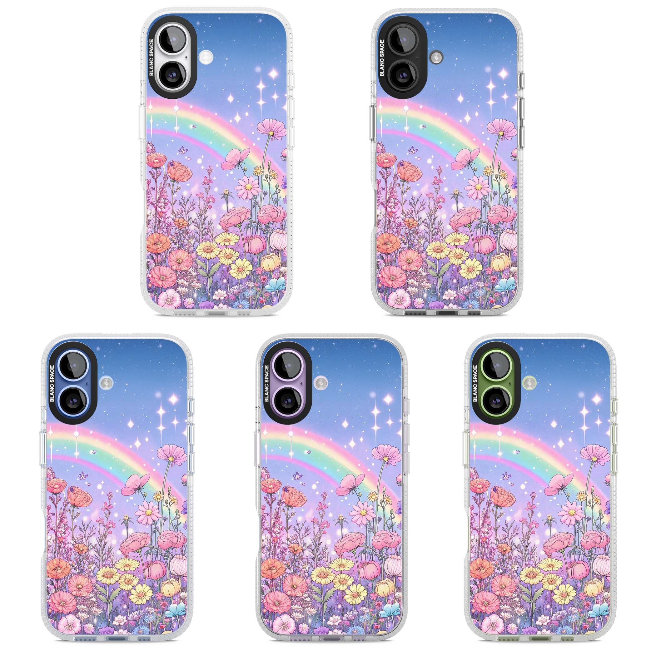 Magical Meadow fairycore iPhone case featuring a pastel rainbow, sparkling stars and a wildflower meadow | Clear Case Impact Air case for iPhone 17