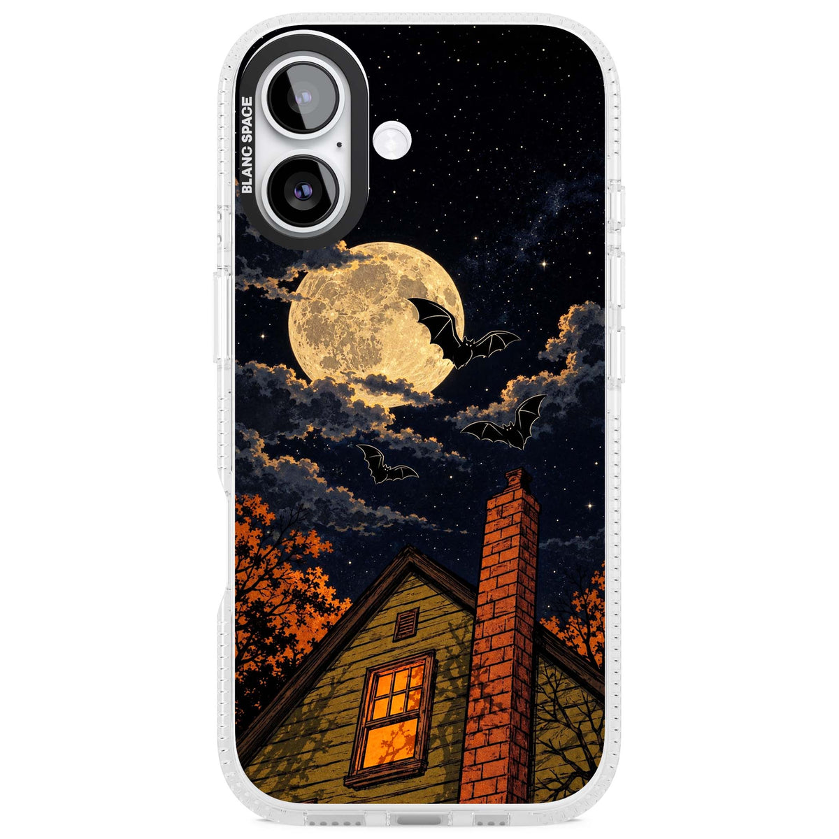 Hollows Eve Halloween iPhone case featuring a haunted house, full moon and flying bats against a starry autumn sky | Clear Case Impact Air case for iPhone 17