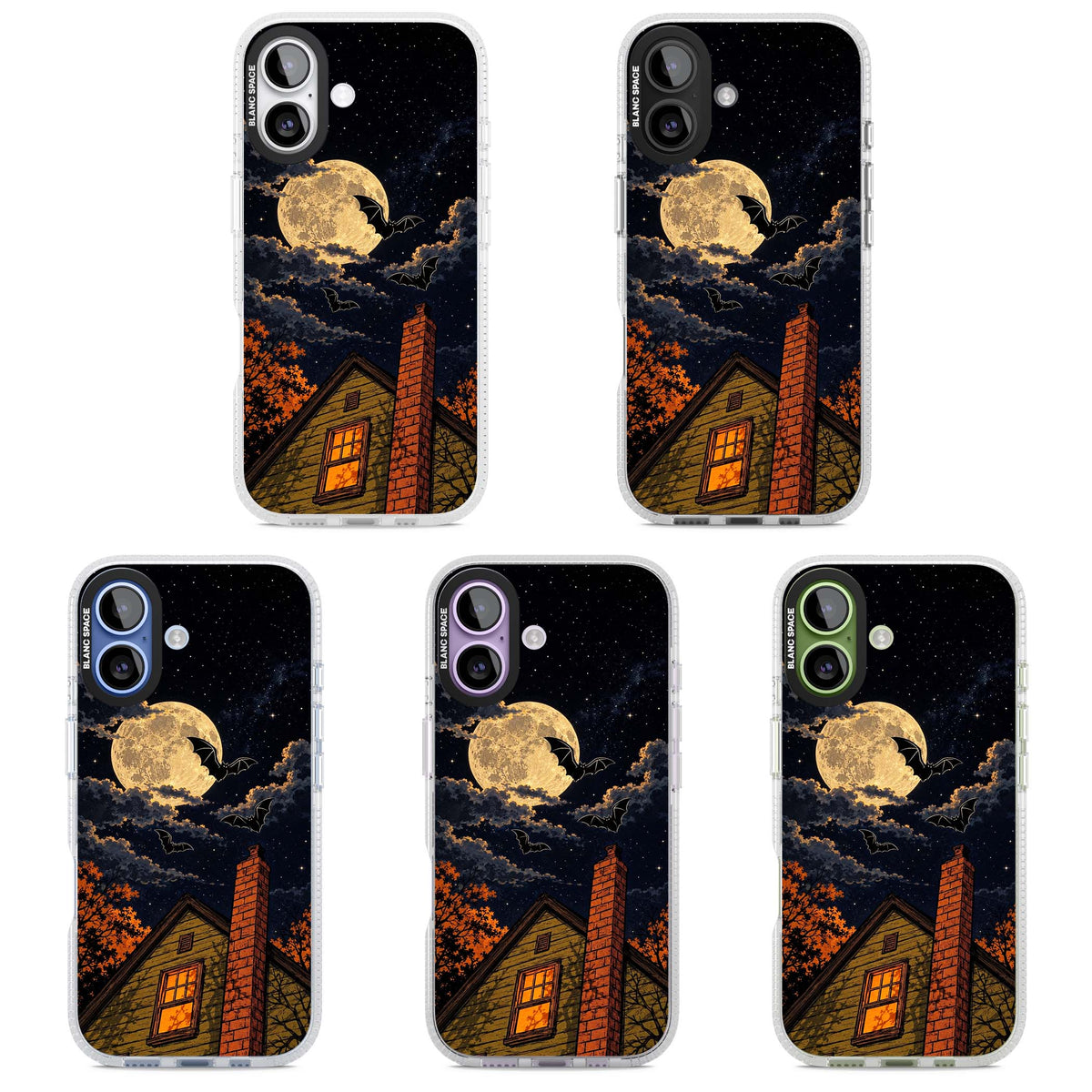 Hollows Eve Halloween iPhone case featuring a haunted house, full moon and flying bats against a starry autumn sky | Clear Case Impact Air case for iPhone 17