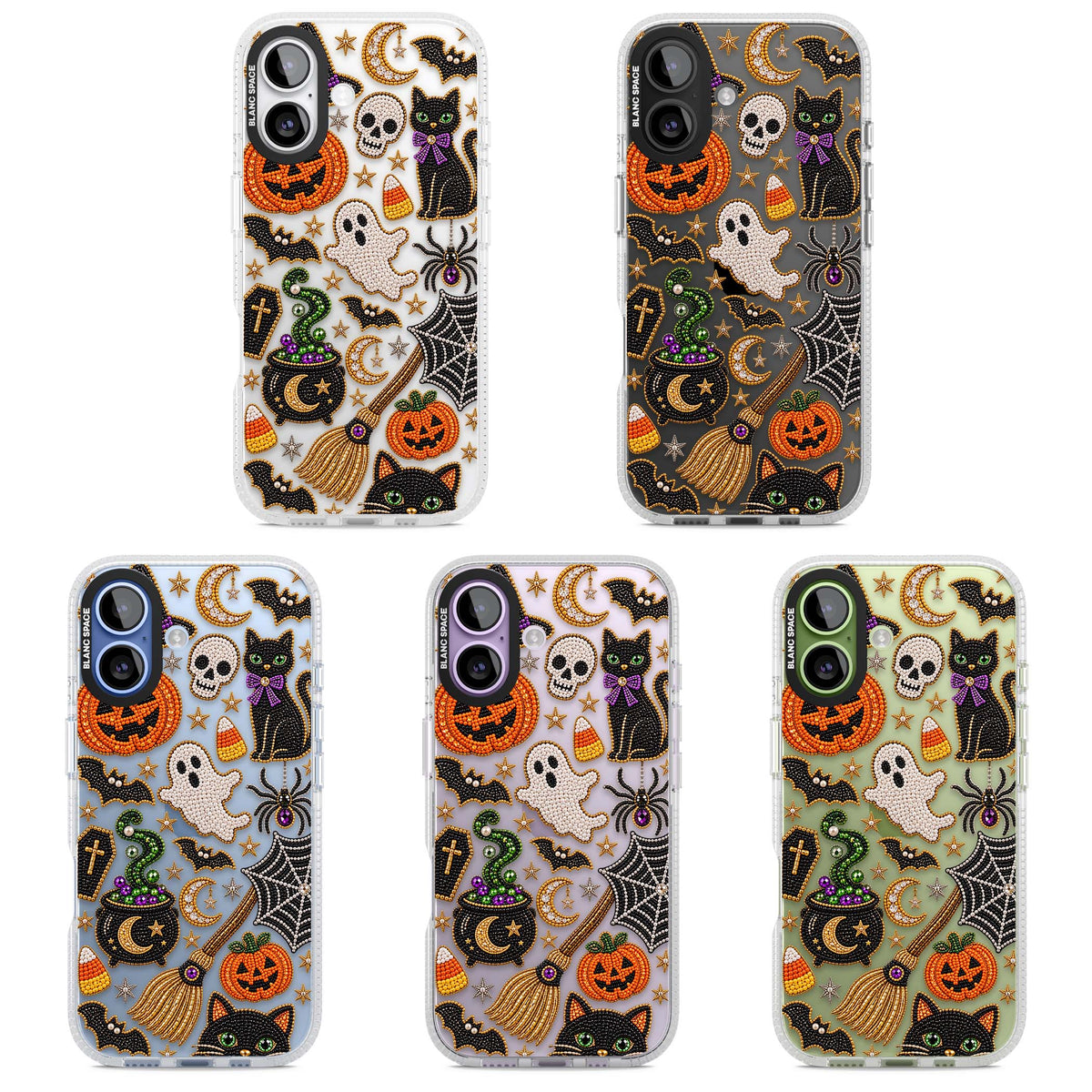 Beaded Halloween Halloween iPhone case featuring beaded pumpkins, ghosts, black cats and bats | Clear Case Impact Air case for iPhone 17