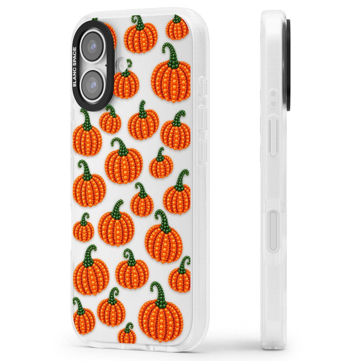 Beaded Pumpkins halloween iPhone case featuring beaded orange pumpkins with green stems on a clear background | Clear Case Impact Air case for iPhone 17