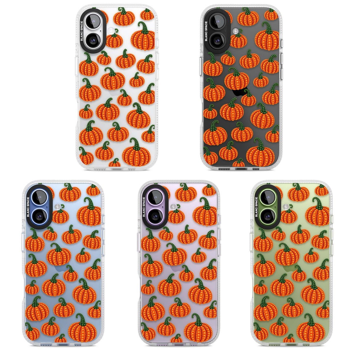 Beaded Pumpkins halloween iPhone case featuring beaded orange pumpkins with green stems on a clear background | Clear Case Impact Air case for iPhone 17