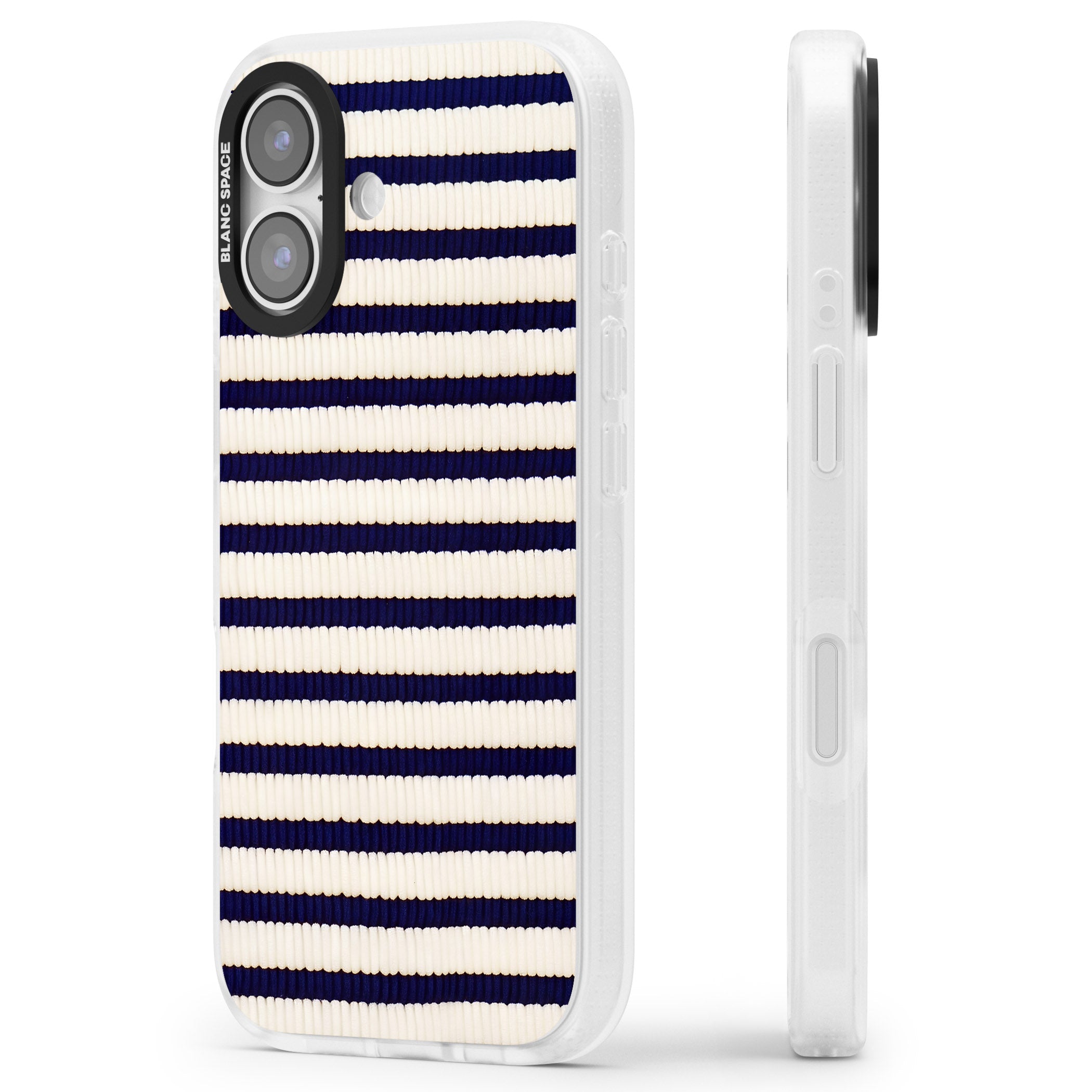Navy & Cream Stripes iPhone 17 Impact Air Clear Phone Case Side Profile