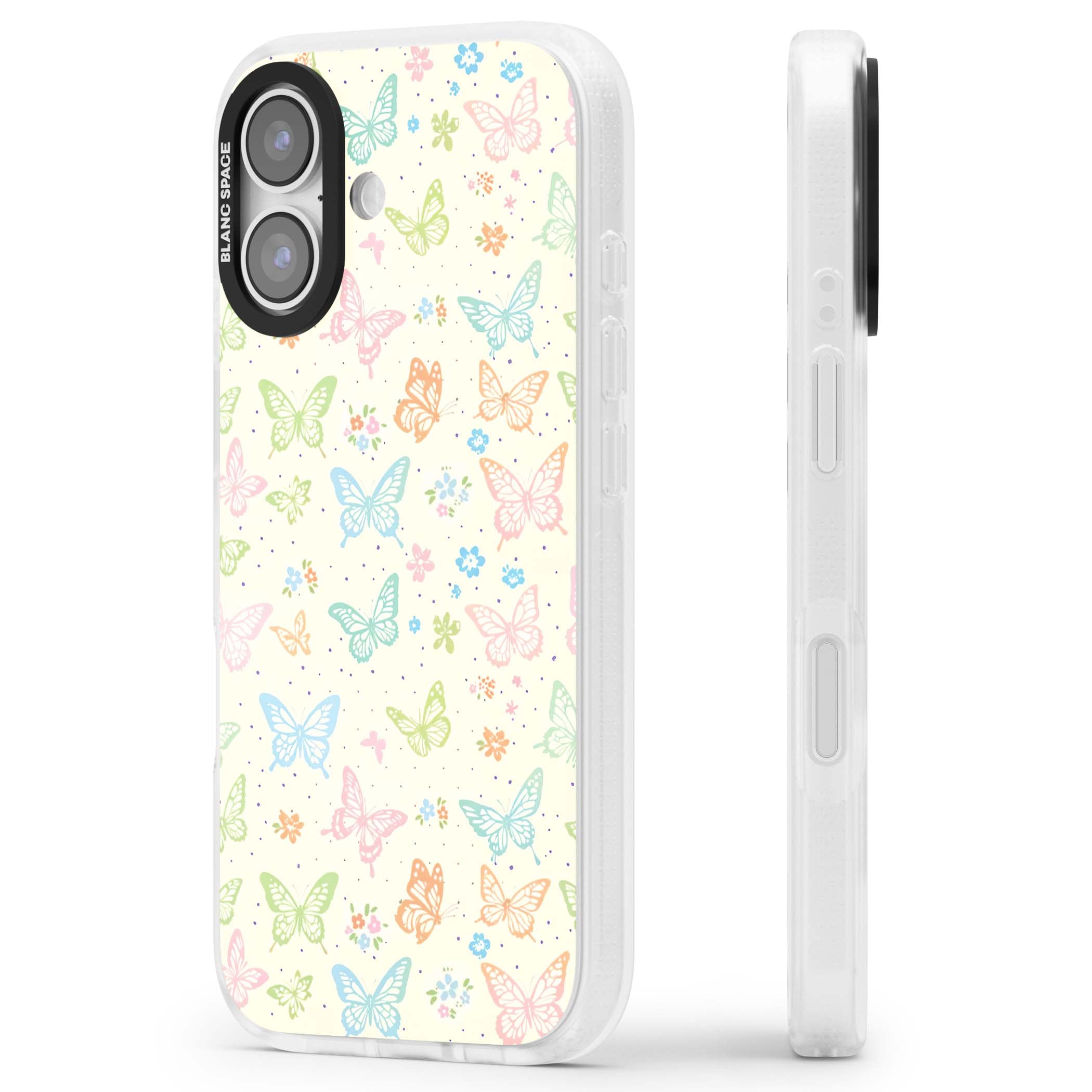 Sugar Wings cottagecore iPhone case featuring rainbow pastel butterflies, tiny wildflowers, and a cream background | Clear Case Impact Air case for iPhone 17