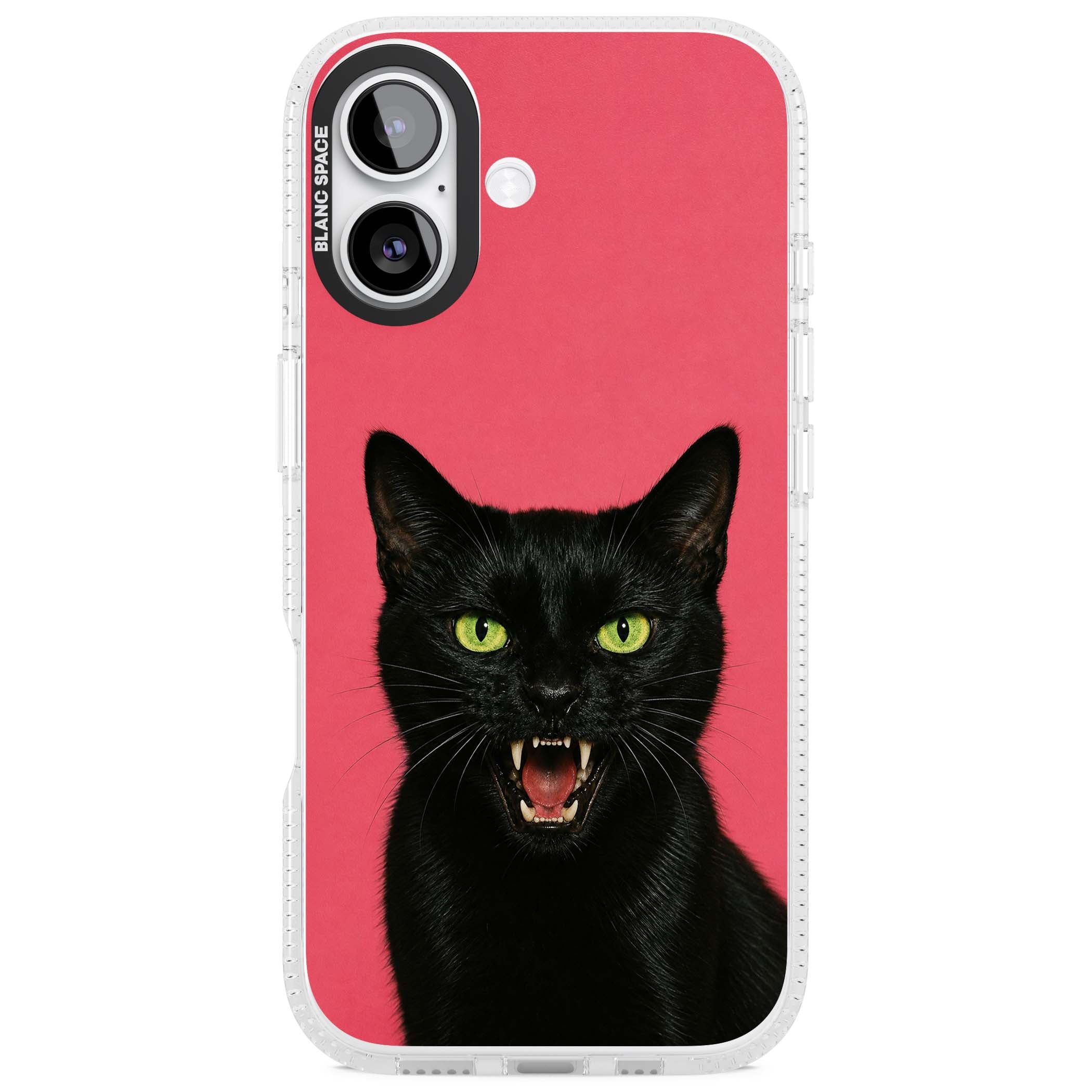 Hissin' Baddie black cat iPhone case featuring a hissing feline with green eyes on a hot pink background | Clear Case Impact Air case for iPhone 17