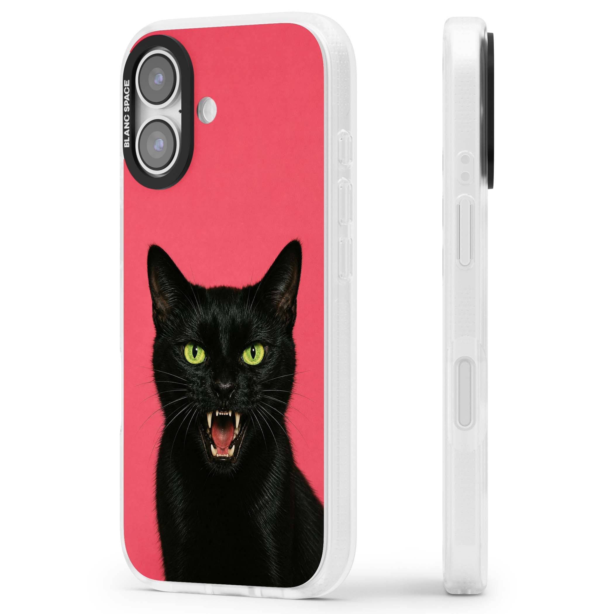 Hissin' Baddie black cat iPhone case featuring a hissing feline with green eyes on a hot pink background | Clear Case Impact Air case for iPhone 17