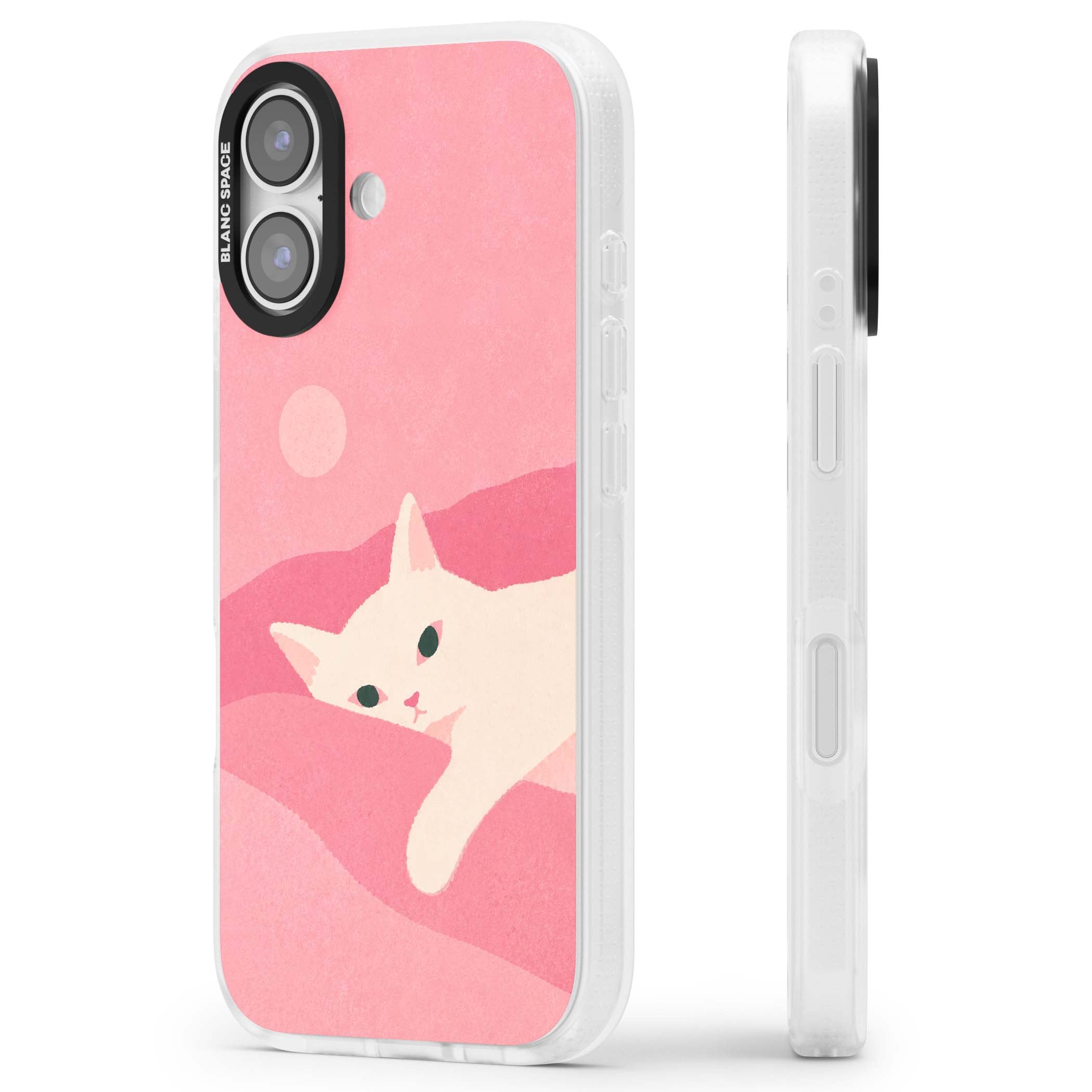 Pink Dreams cute cat iPhone case featuring a white kitten, soft pink hills and a pale pastel sun | Clear Case Impact Air case for iPhone 17